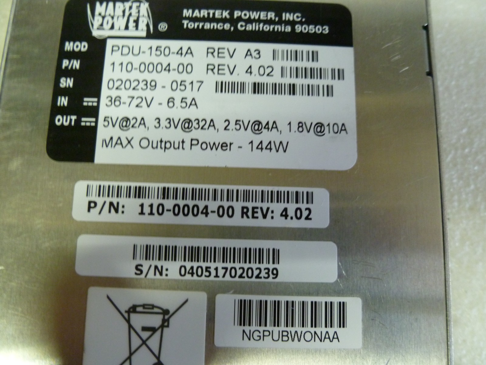 MARTEK PDU-150-4A 144W 110-0004-00 HOT SWAP POWER SUPPLY