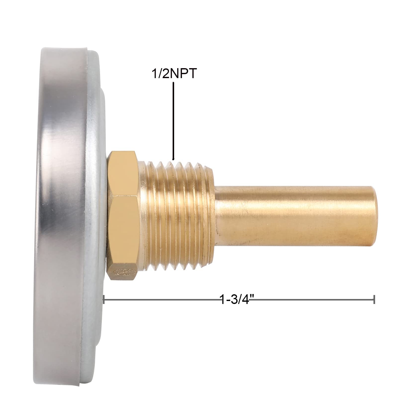 2-1/2″ Dial Water Thermometer, 0-250°F / 1.75Stem( 2-1/2 ), Silver