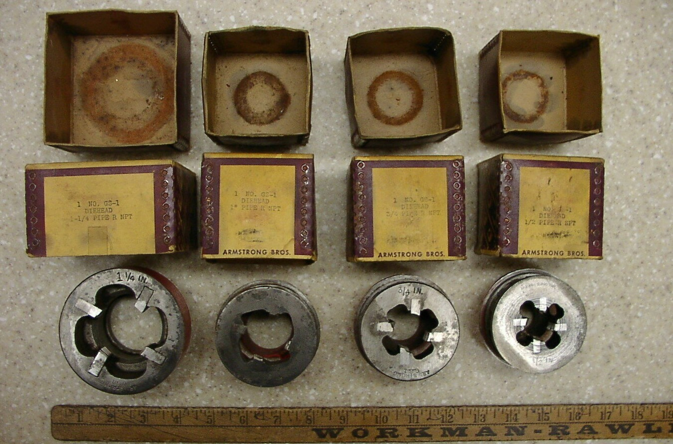 Vntg Ratcheting Die Stock Head,W/1-1/4″,1″,3/4″,& 1/2″ Armstrong Dies/Orig Boxes