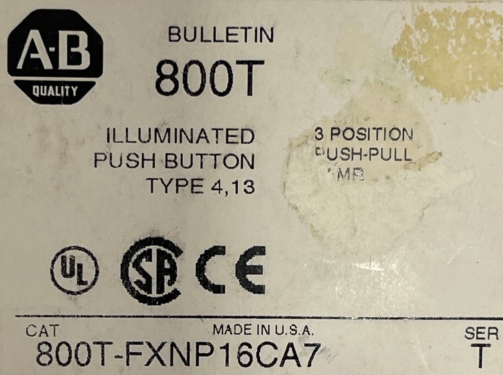 New-Allen Bradley 800T-FXNP16CA7 30MM 3 POSITION PUSH-PULL MUSHROOM TYPE 4/13