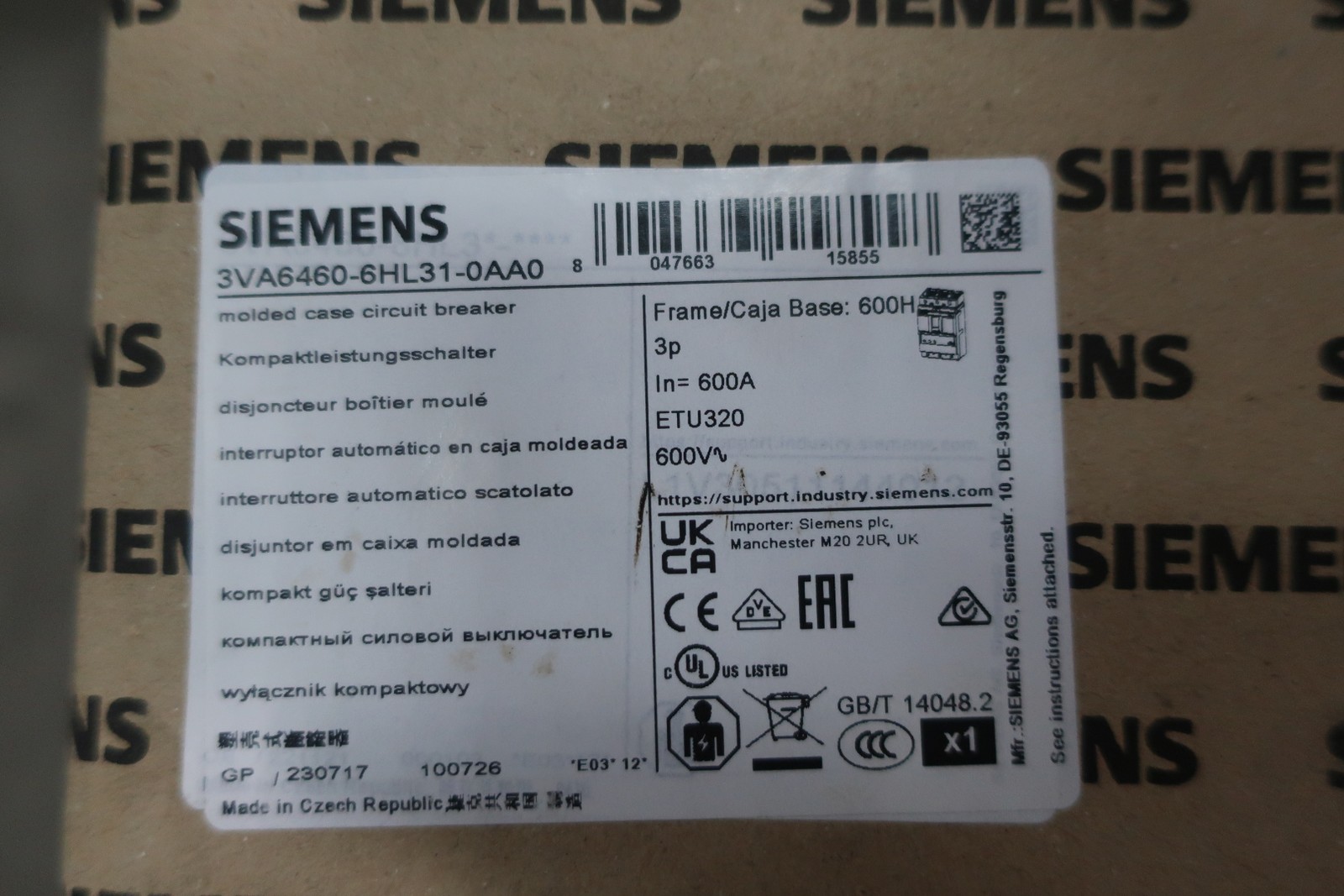 Siemens 3VAE6003R Low Voltage Power Circuit Breaker Enclosure 600v-ac 3p 600a
