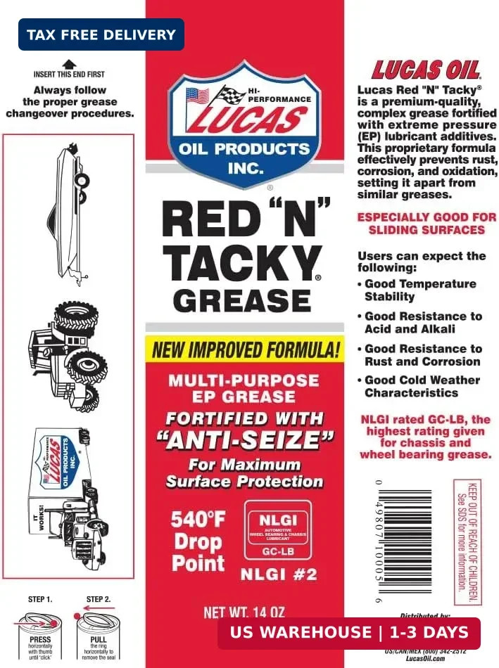 Lucas Oil 10005 Red N Tacky Grease – 14 Ounce Cartridge (Pack of 10)