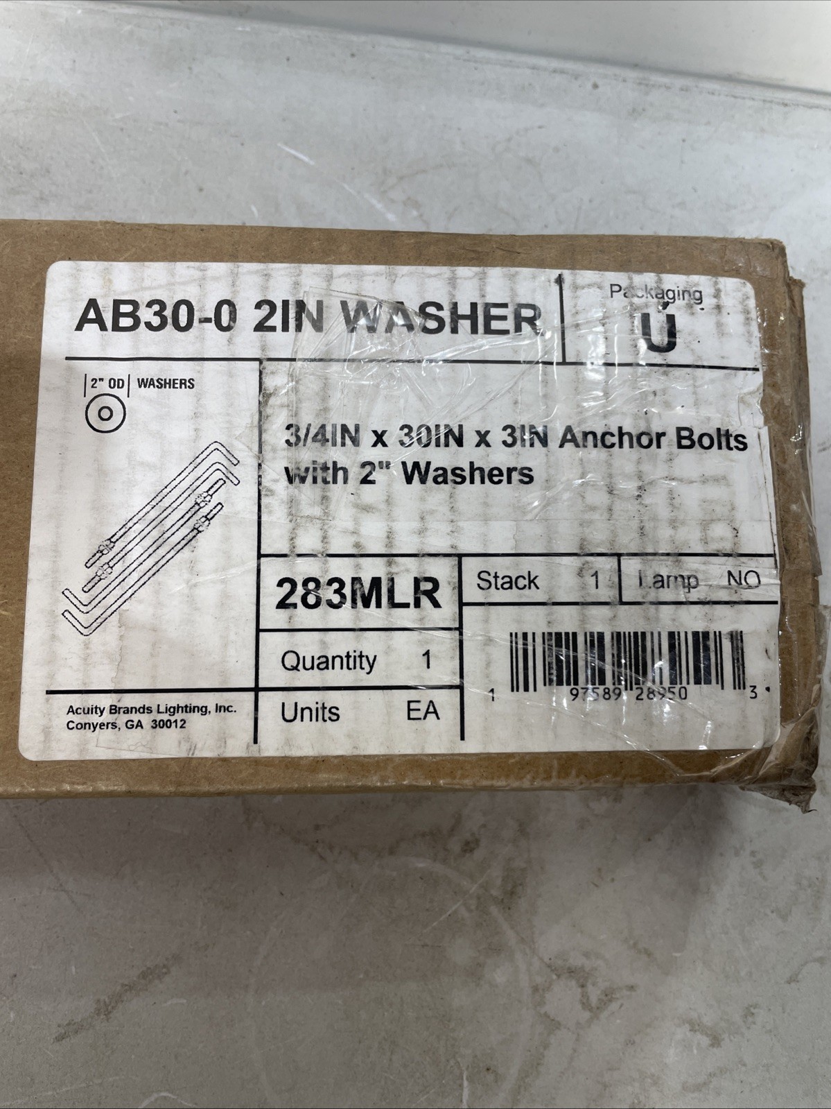 Lithonia Lighting AB30-0 ANchor Bolt 31″ x 3″ x3″ AB30-2 2″ Washer 283MLR 4 Pack