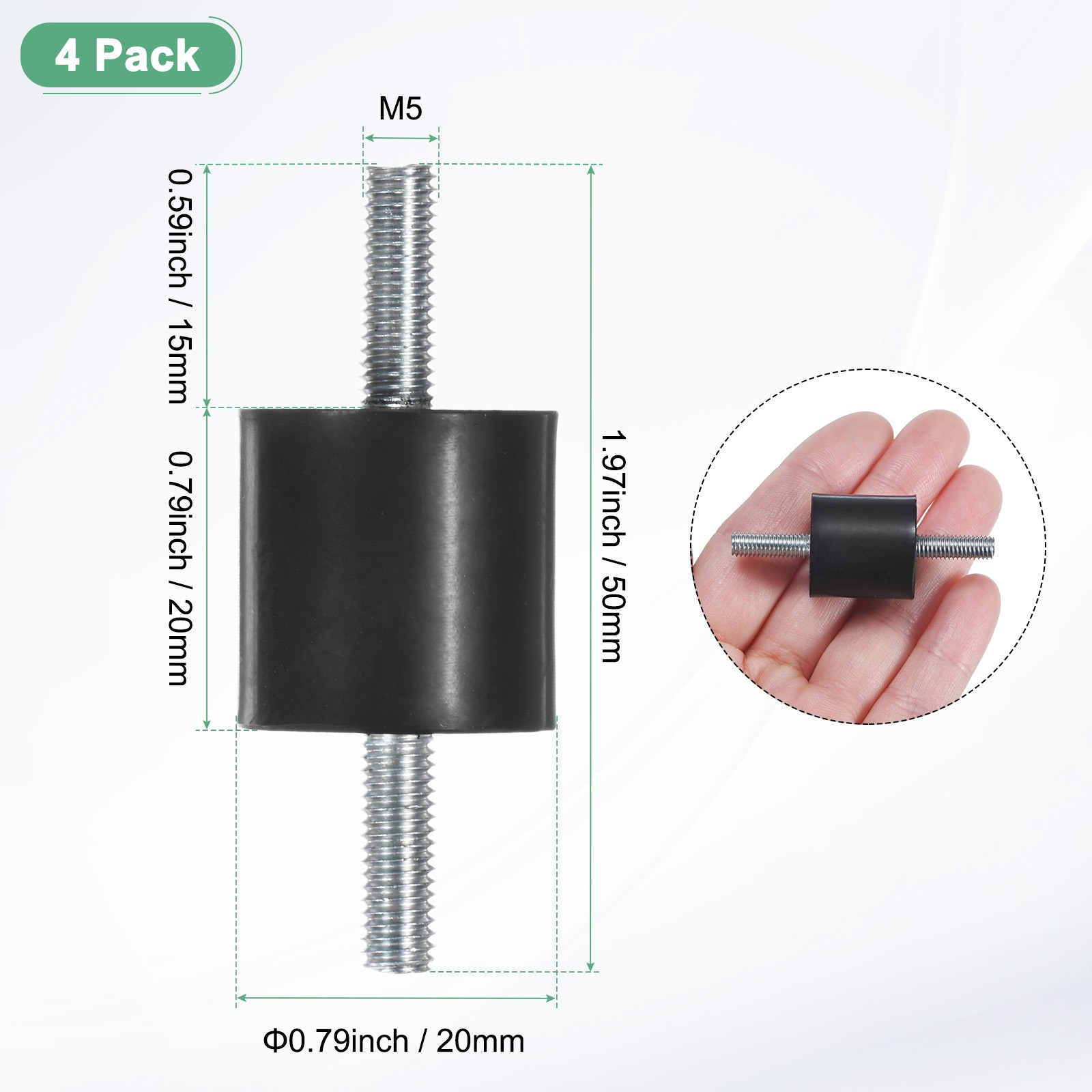 4-Pack Rubber Mounts with M5 x 15mm Double Studs Male D20mmxH20mm