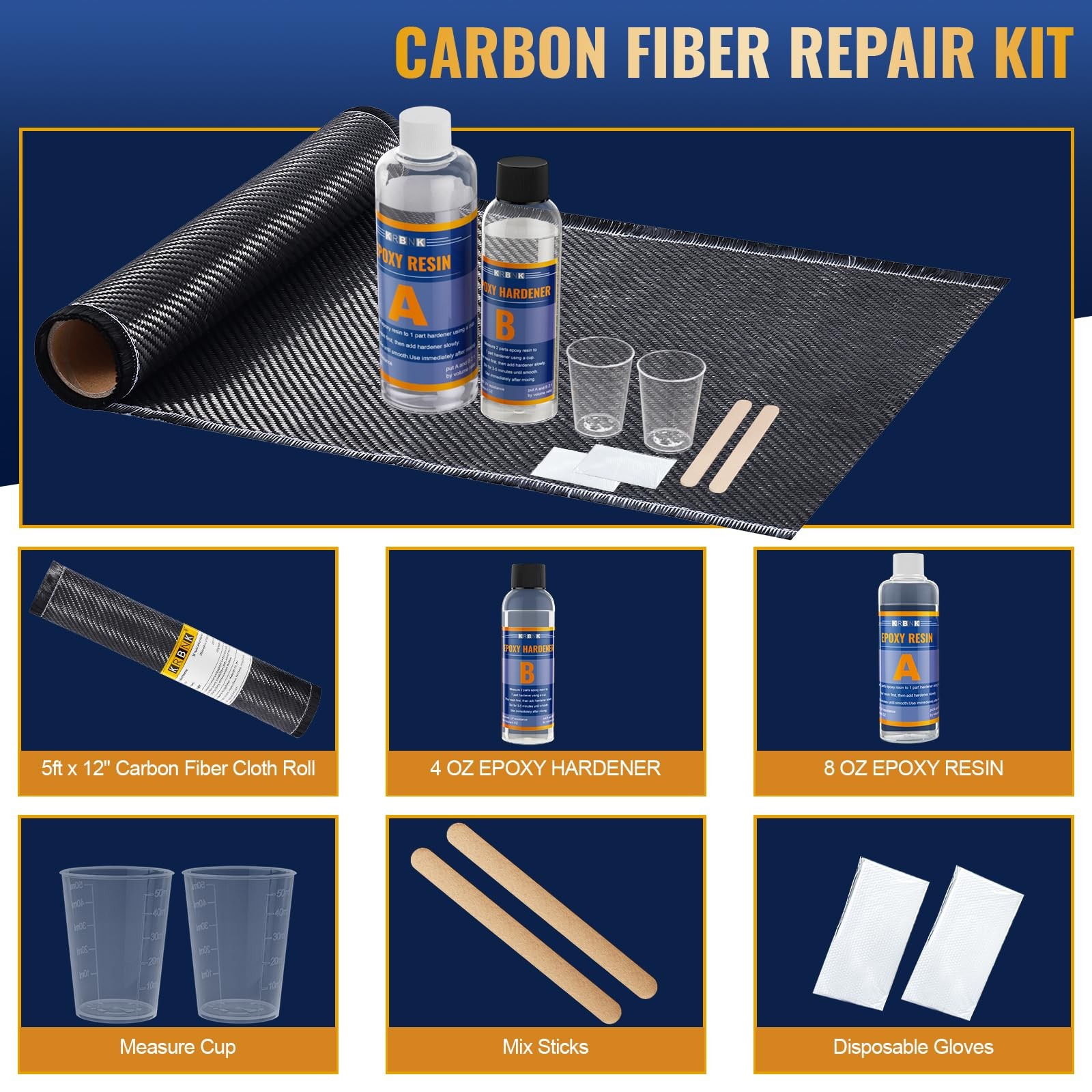 Carbon Fiber Repair Kit 5FT 12″ Cloth Roll 8OZ Resin 4OZ Hardener Fibra de