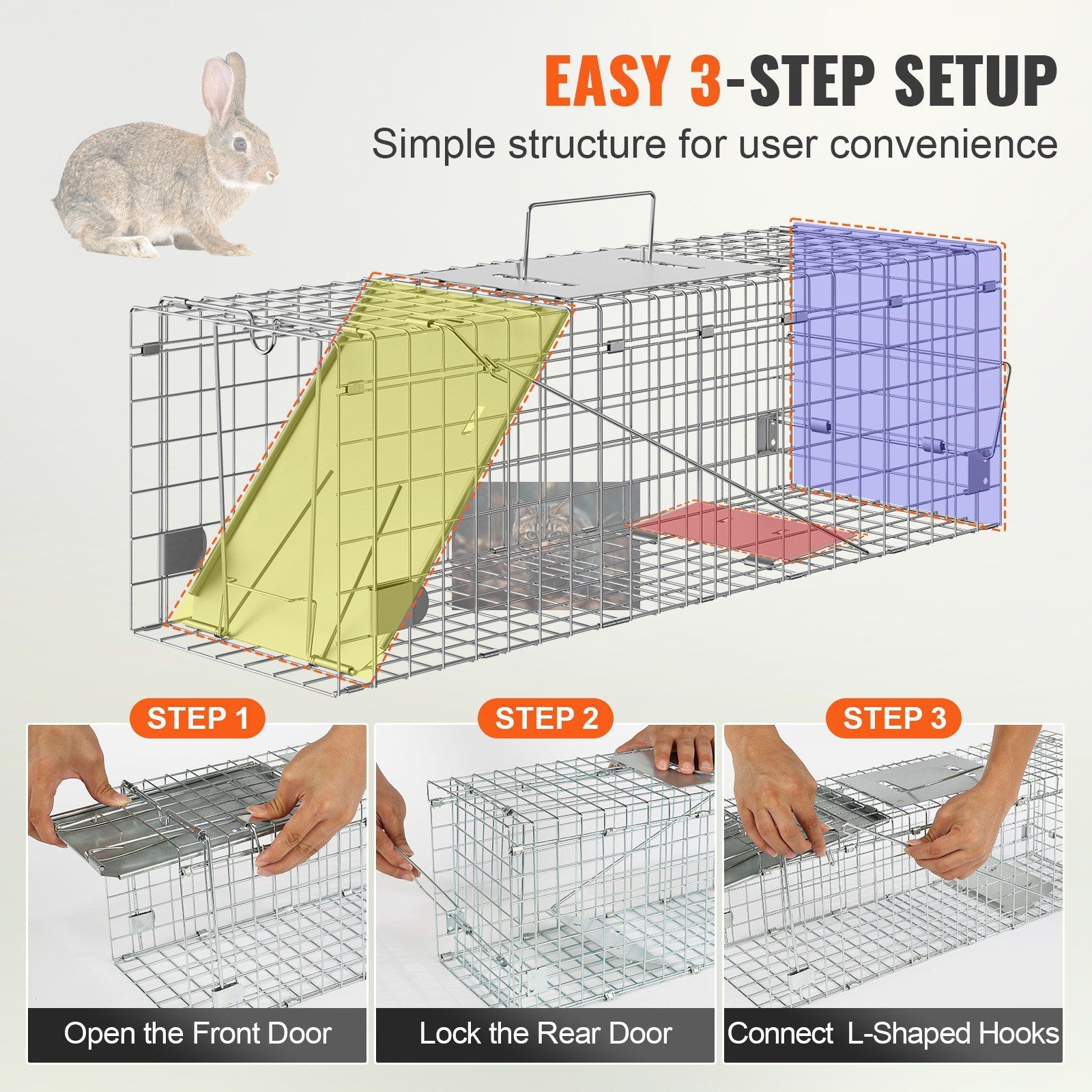 24in Humane Live Animal Trap, Galvanized Iron, Folding with Handle