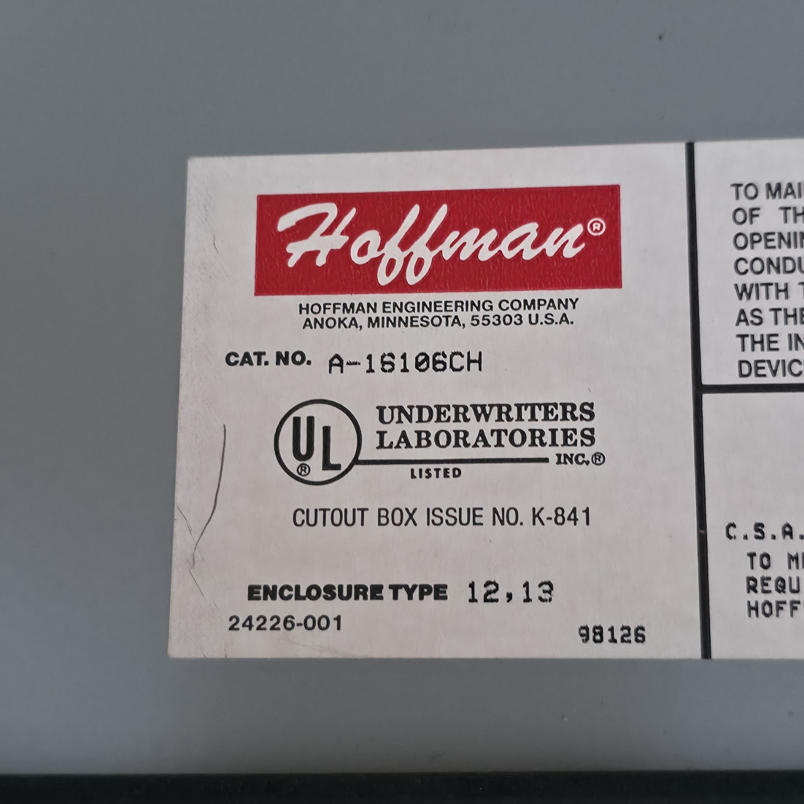 Enduratec Systems Interface – Hoffman Box – Shunt Cal E-Stop 2541-1 2541-2 2543