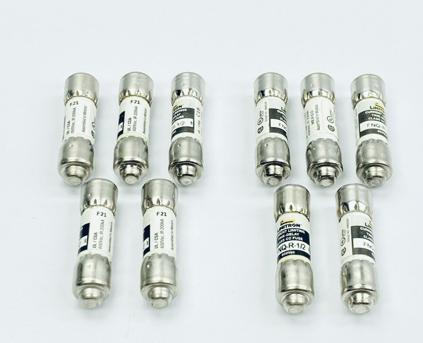BOX OF 10 UNUSED EATON BUSSMANN FNQ-R-1/2 CLASS CC FUSE TIME DELAY 600VAC