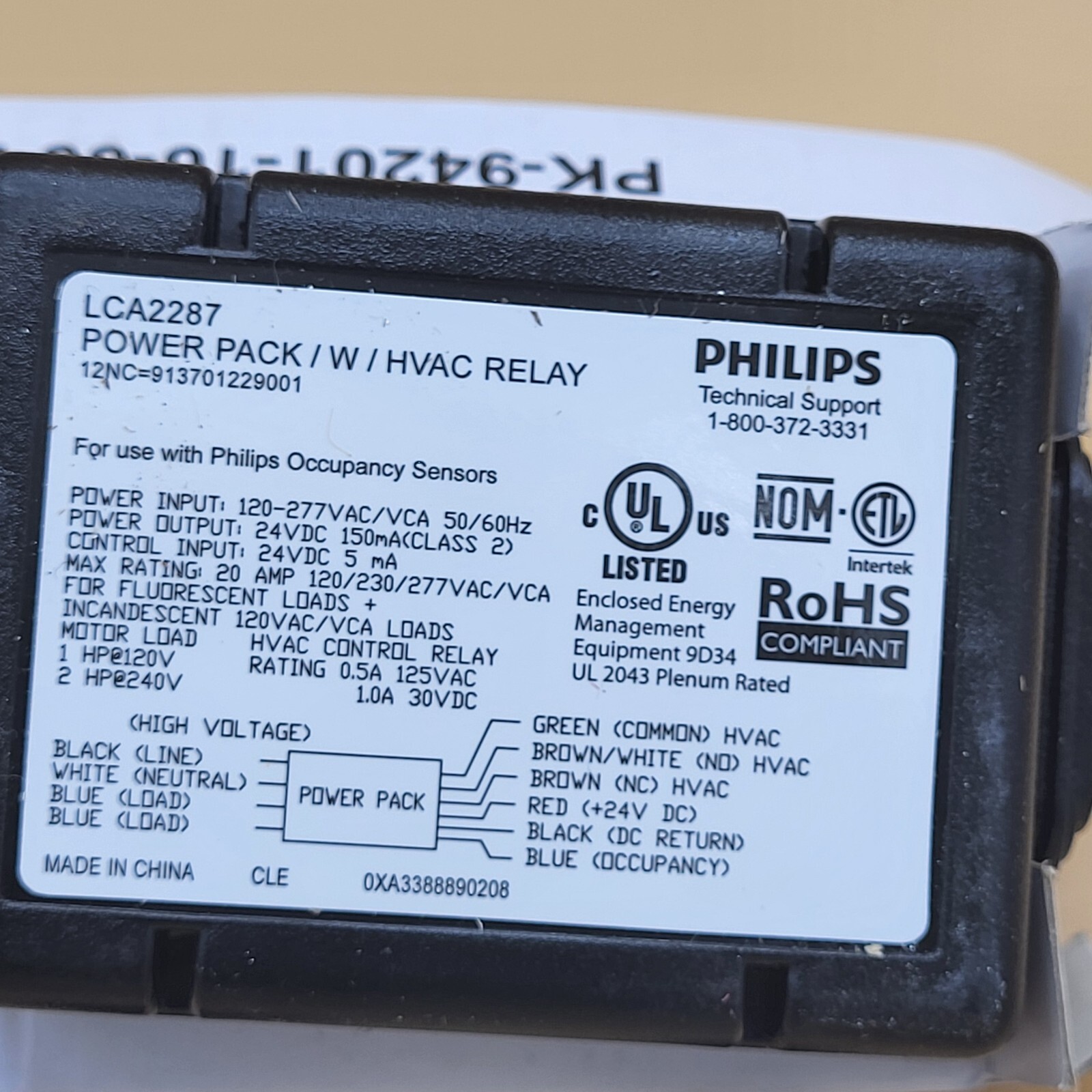 Philips LCA2287 Occupancy Sensor Power Pack w HVCA Relay 120/277 V 50/60 Hz