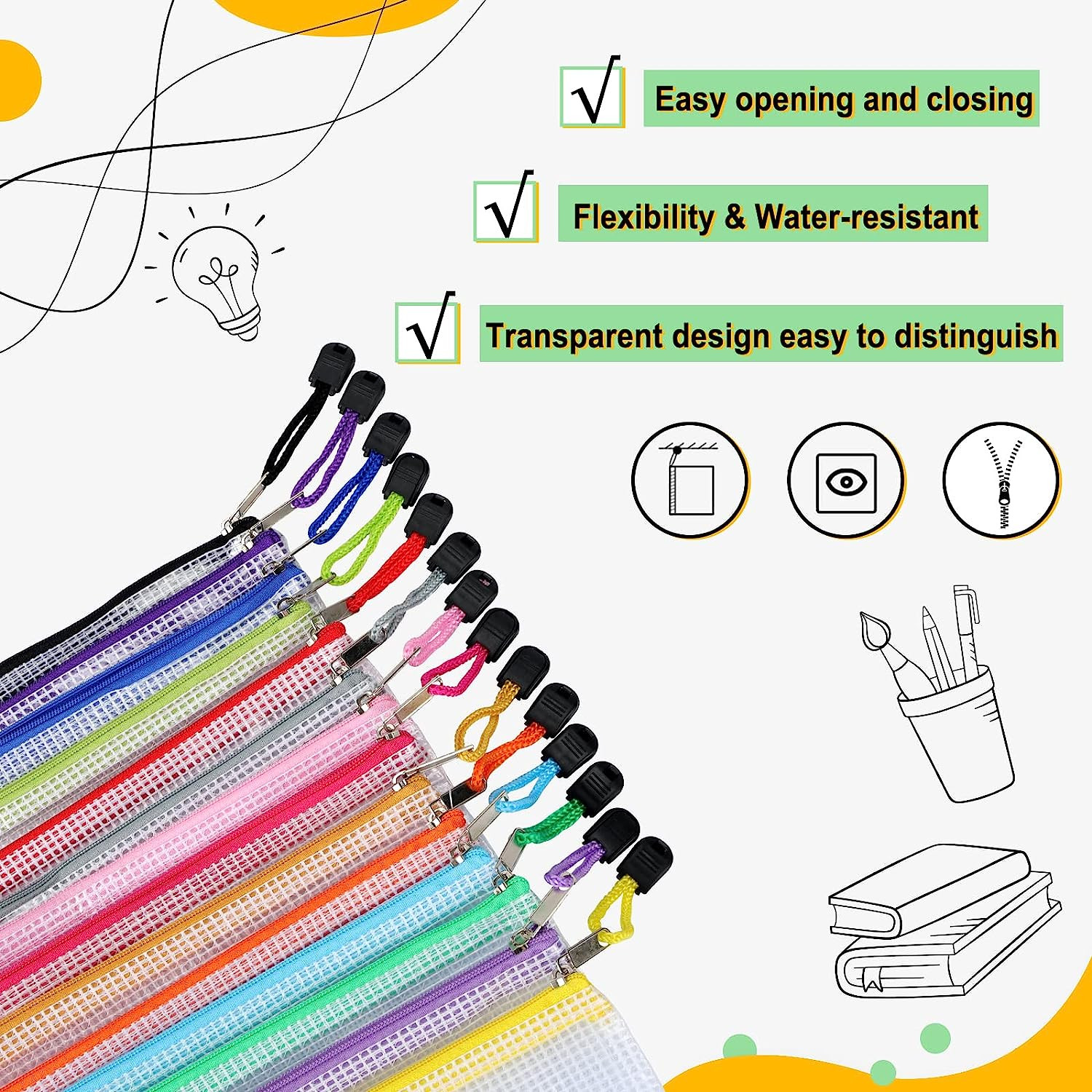 28Pcs Mesh Zipper Pouch Bags 8 Sizes Waterproof Zipper Bags, 14 Colors