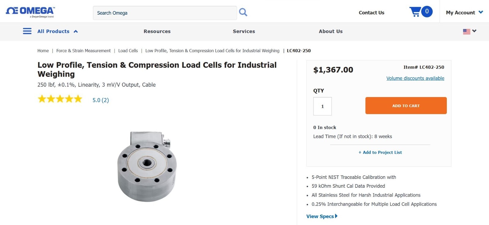 Omega LC412-250 Omegadyne Pancake Style Load Cell 0-250 LB Force Transducer