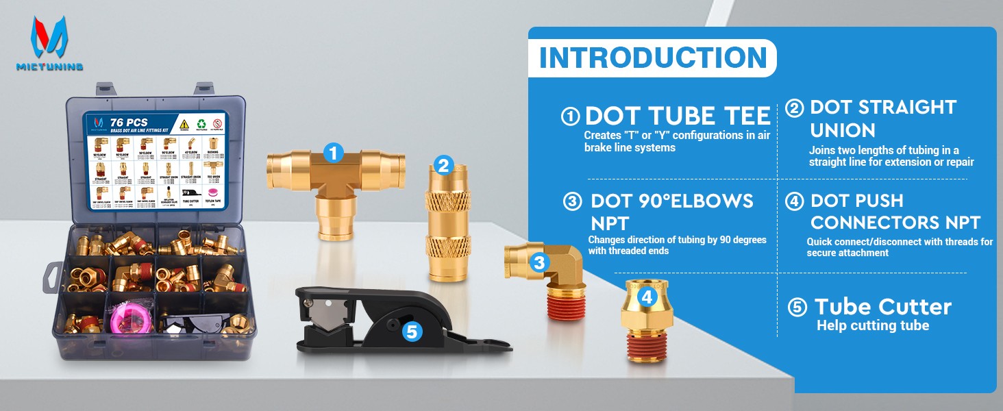 76Pc Brass DOT Air Line Fittings Kit Push Lock Quick Connect 1/8″ 3/8″ 1/4″ 1/2″