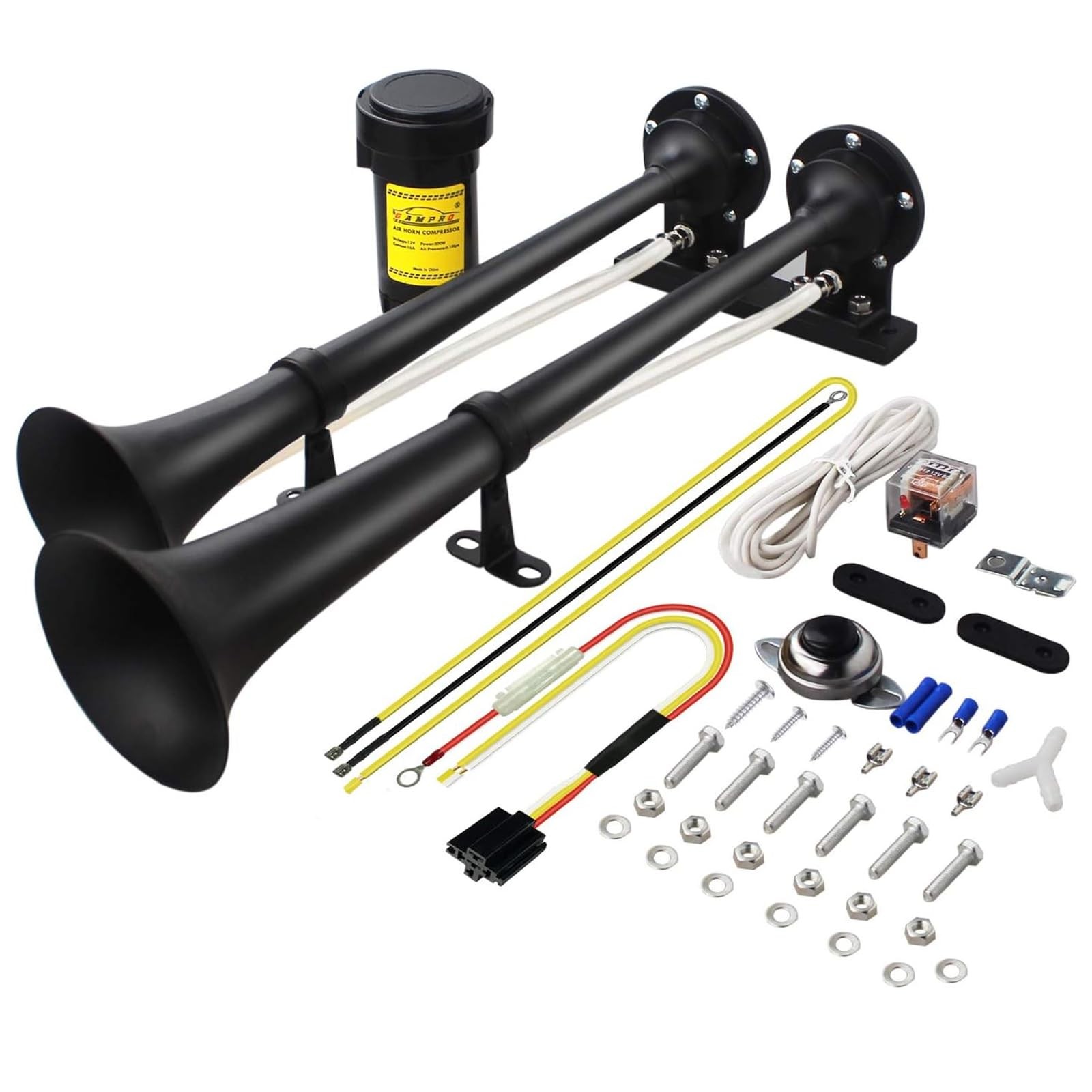 12V 150db Air Horn, 18 Inches Chrome Zinc Dual Trumpet Truck Air Horn with Co…
