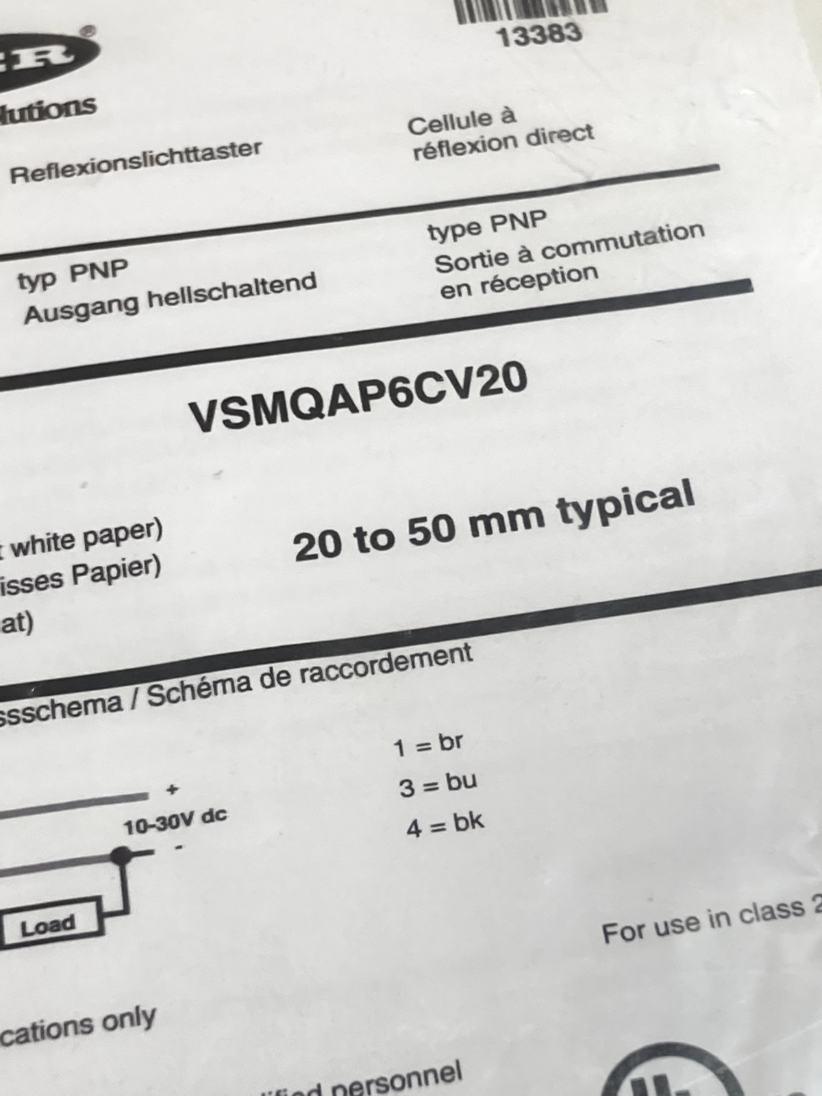 BANNER VSMQAP6CV20 FIFFUSE SENSOR 20-50MM SENSING PNP 10-30VDC NIB