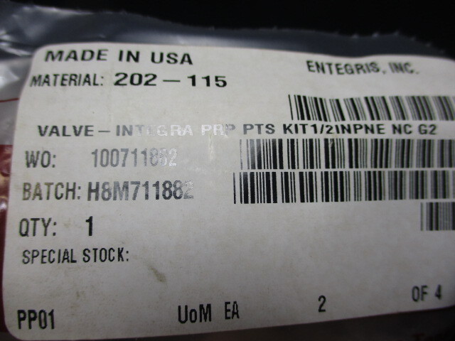 ENTEGRIS-FLUOROWARE 202-115 VALVE- INTEGRA PRP PTS KIT1/2INPNE NC G2