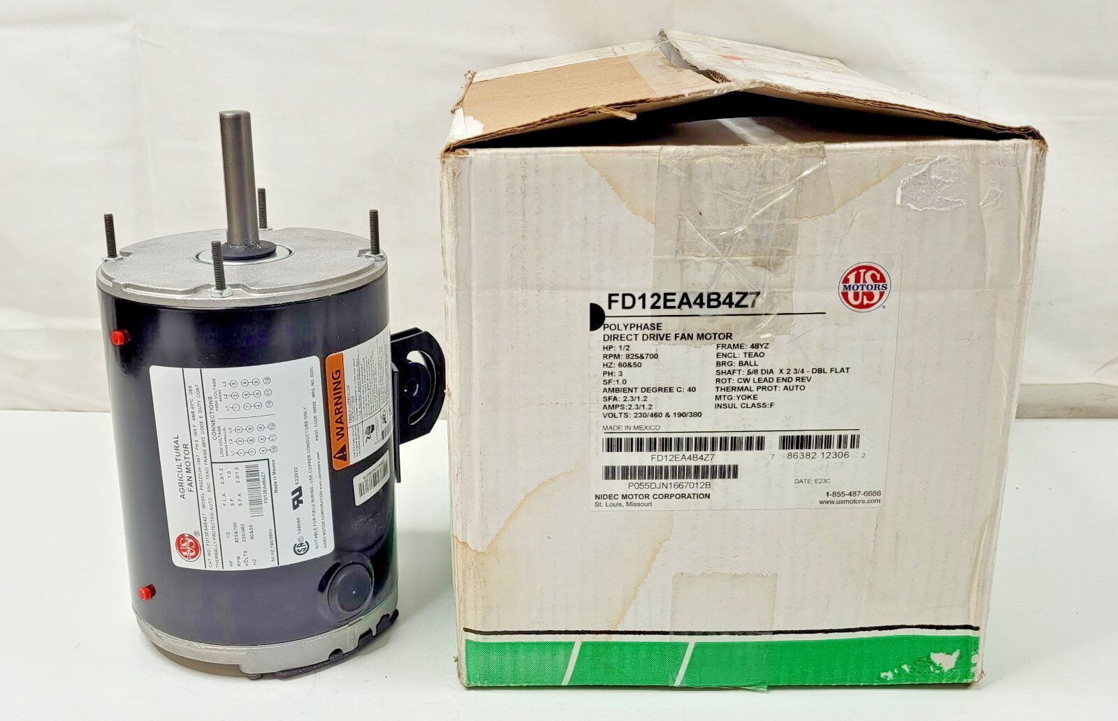 US MOTORS NIDEC FD12EA4B4Z7 Polyphase Direct Drive Fan Motor 1/2 HP 825 RPM