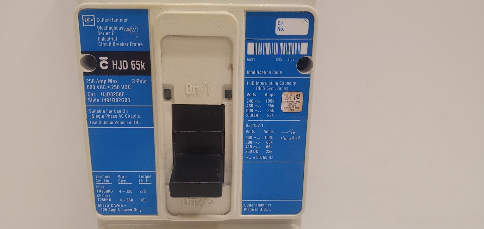 GUARANTEED! CUTLER-HAMMER WESTINGHOUSE 250A CIRCUIT BREAKER HJD3250F W/ JT3225T