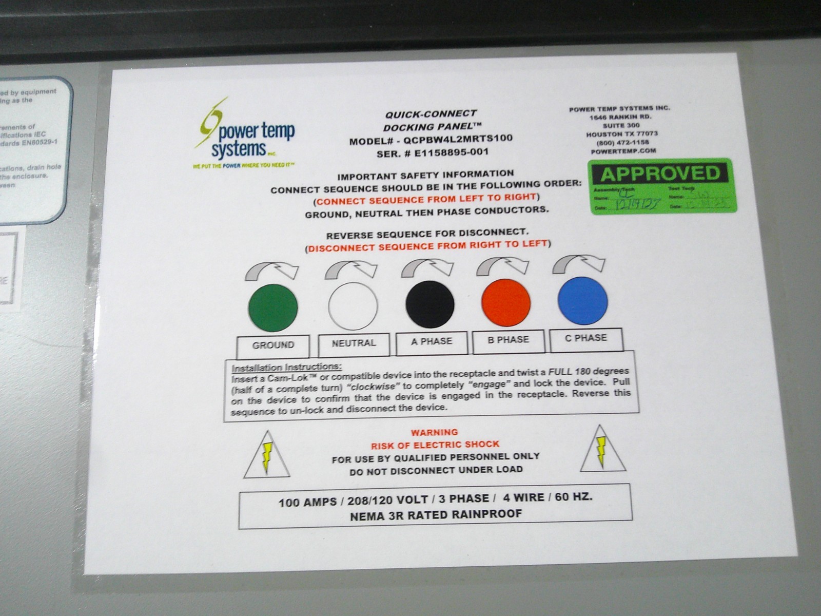 NEW power temp systems Generator Quick Connect Docking Panel QCPBW4L2MRTS100