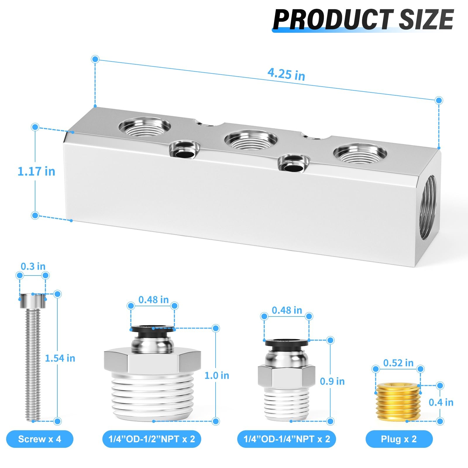 Silver 1/2 Inch 1/4 Inch NPT Output 5 Way Aluminum Pneumatic Manifold Block