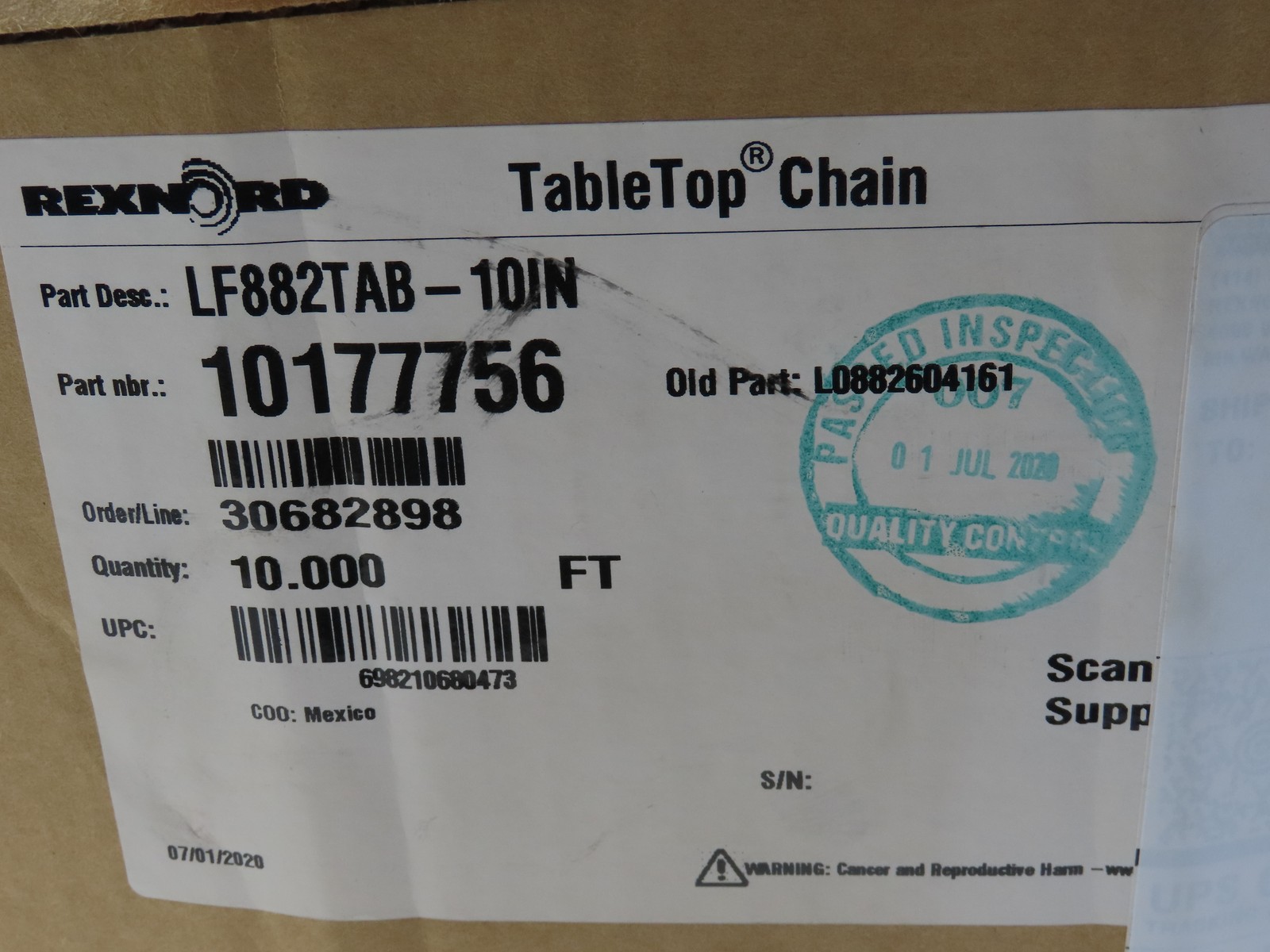 Rexnord LF882TAB-10IN 10177756 L0882604161 K TableTop Chain 10″ Wide 10 Feet