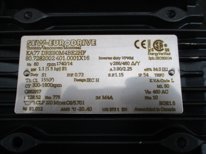 SEW-EURODRIVE KA77DRE90M4BE2HF KA77/A 266/460V 3.90/2.25A NSNP