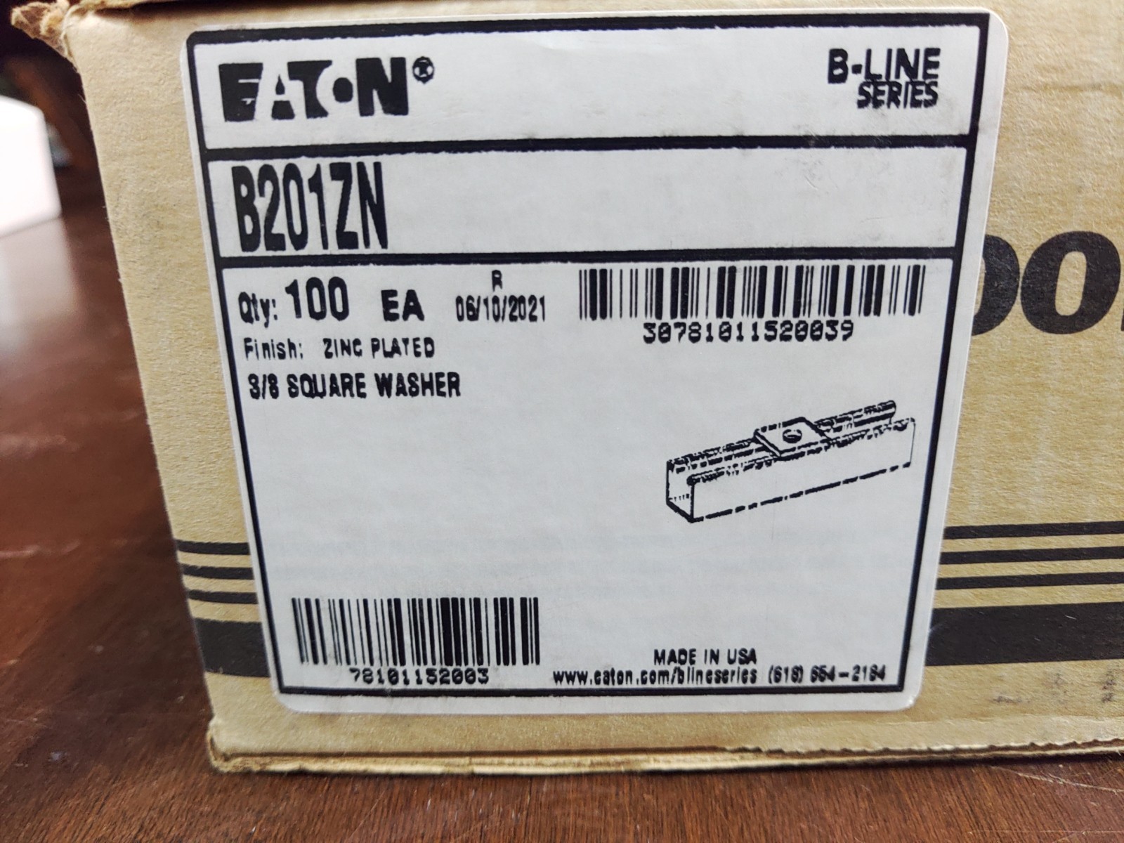 Eaton B-Line B201ZN 3/8″ Square Strut Washer Zinc Plated 100 Pcs – New In Box
