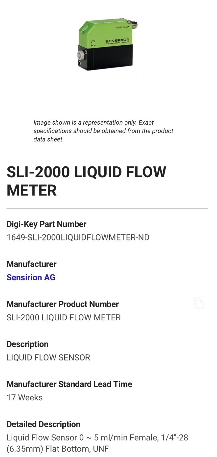 Sensirion Liquid Flow Meter SLI-2000 Qty 2 Sensors Precision Water 1-100895-01