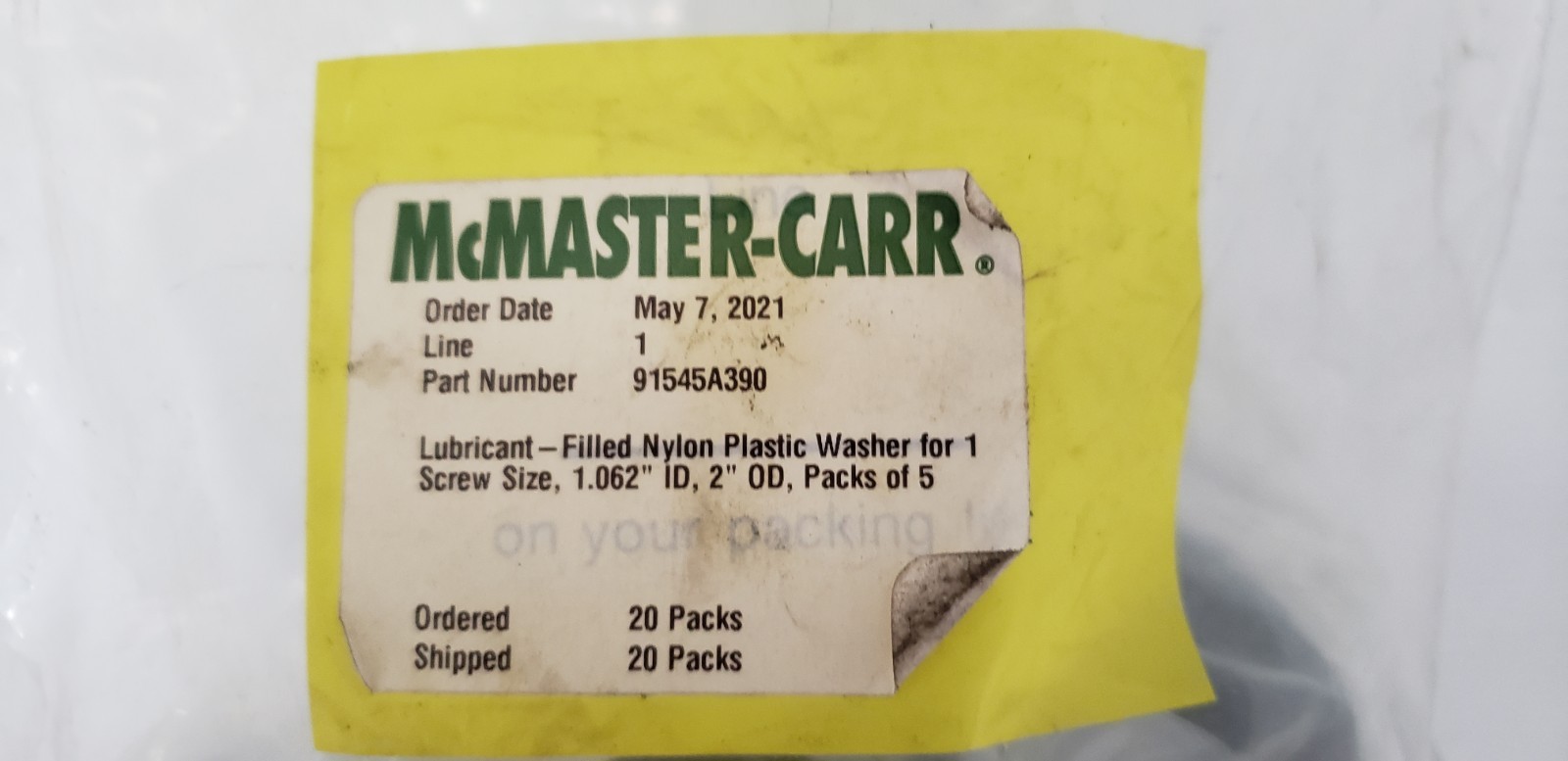 McMASTER-CARR 91545A390 LUBRICANT-FILLED WASHERS, 1.062″ x 2″ (PACK OF 5) NIB