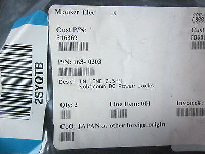 MOUSER ELECTRONICS 163-0303 Jack, In line Power 2.5mm Kobicnn DC Power Jacks