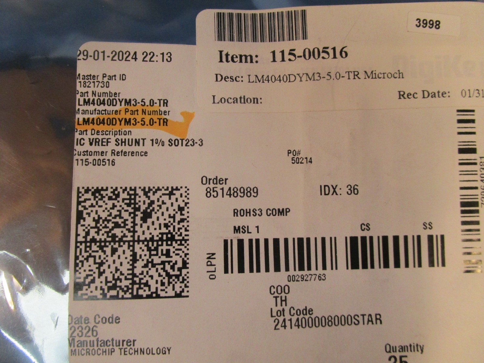 LOT OF 400 Microchip Technology LM4040DYM3-5.0-TR, Shunt Voltage Reference IC