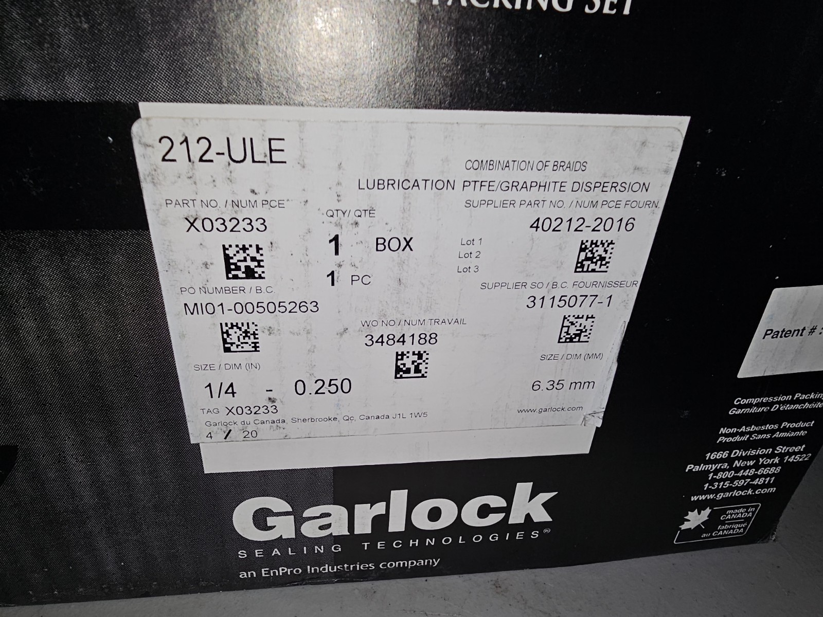GARLOCK 212 Ultra Low Emissions, 212-ULE, 40212-2016 Size In 1/4″ 5 Lbs NEW