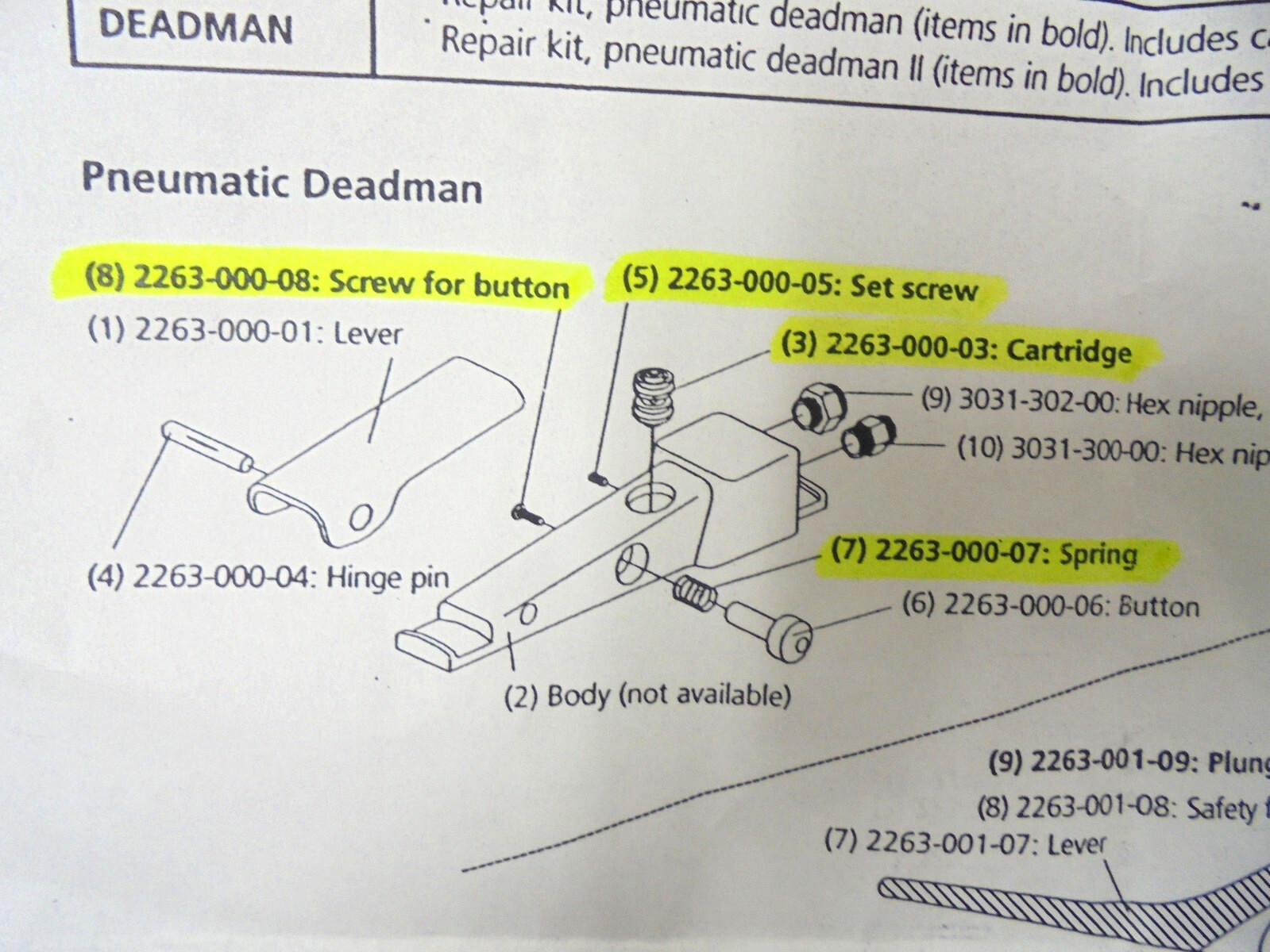 Schmidt 2263-000-99 Pneumatic Deadman Switch Repair Kit