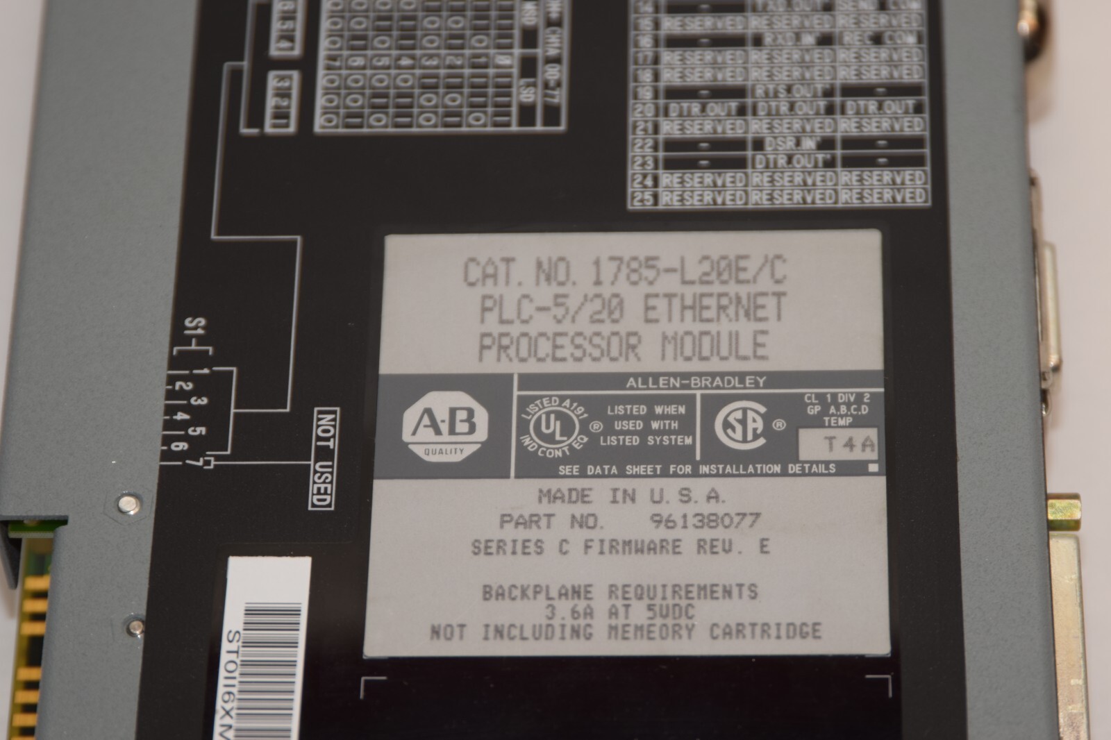 ALLEN BRADLEY 1785-L20E/C PLC-5/20 Ethernet Processor Module Ser C Rev E (NEW)