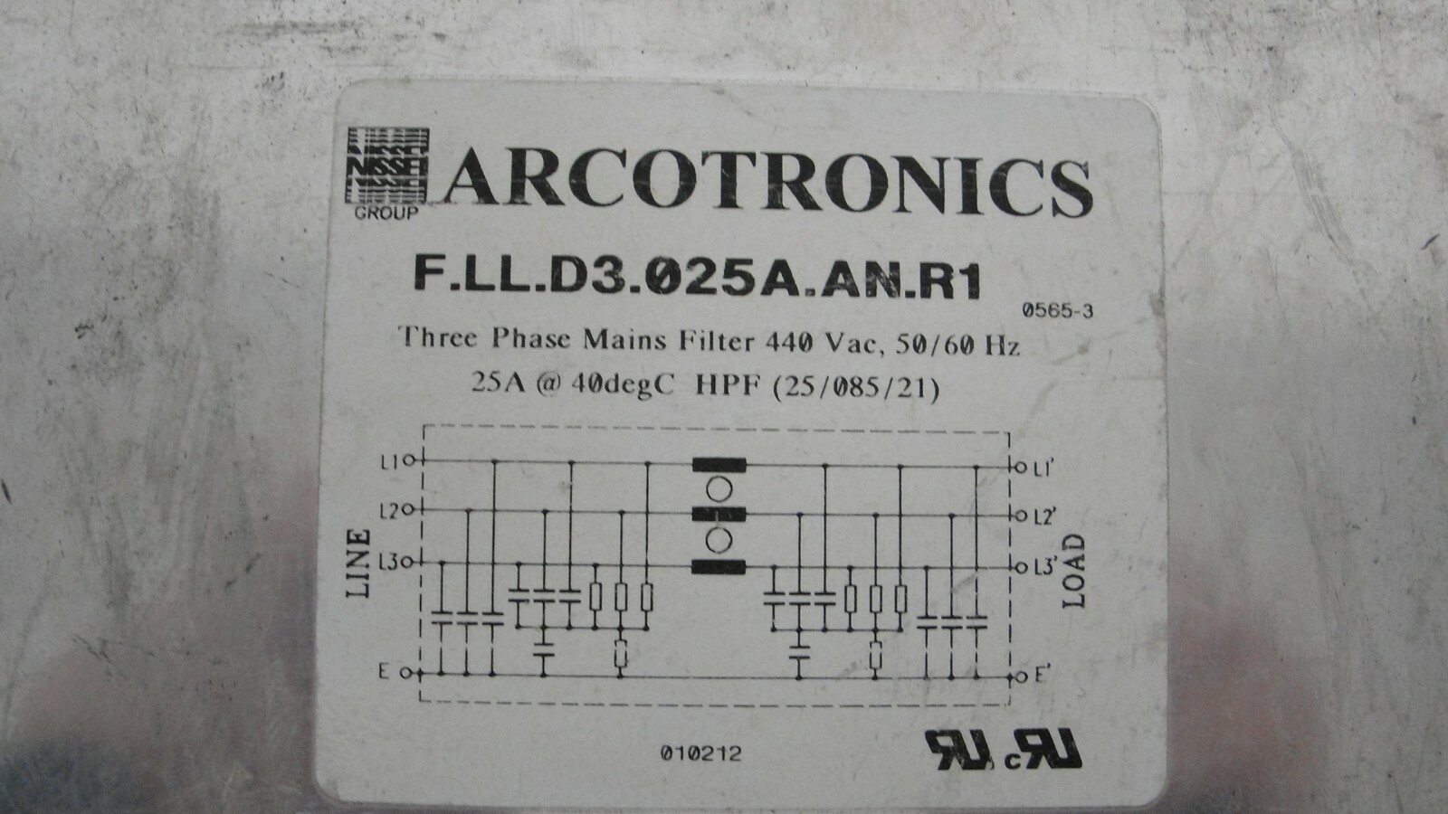 Arcotronics F.LL.D3.025A.AN.R1 three phase mains filter440 vac 25 amp