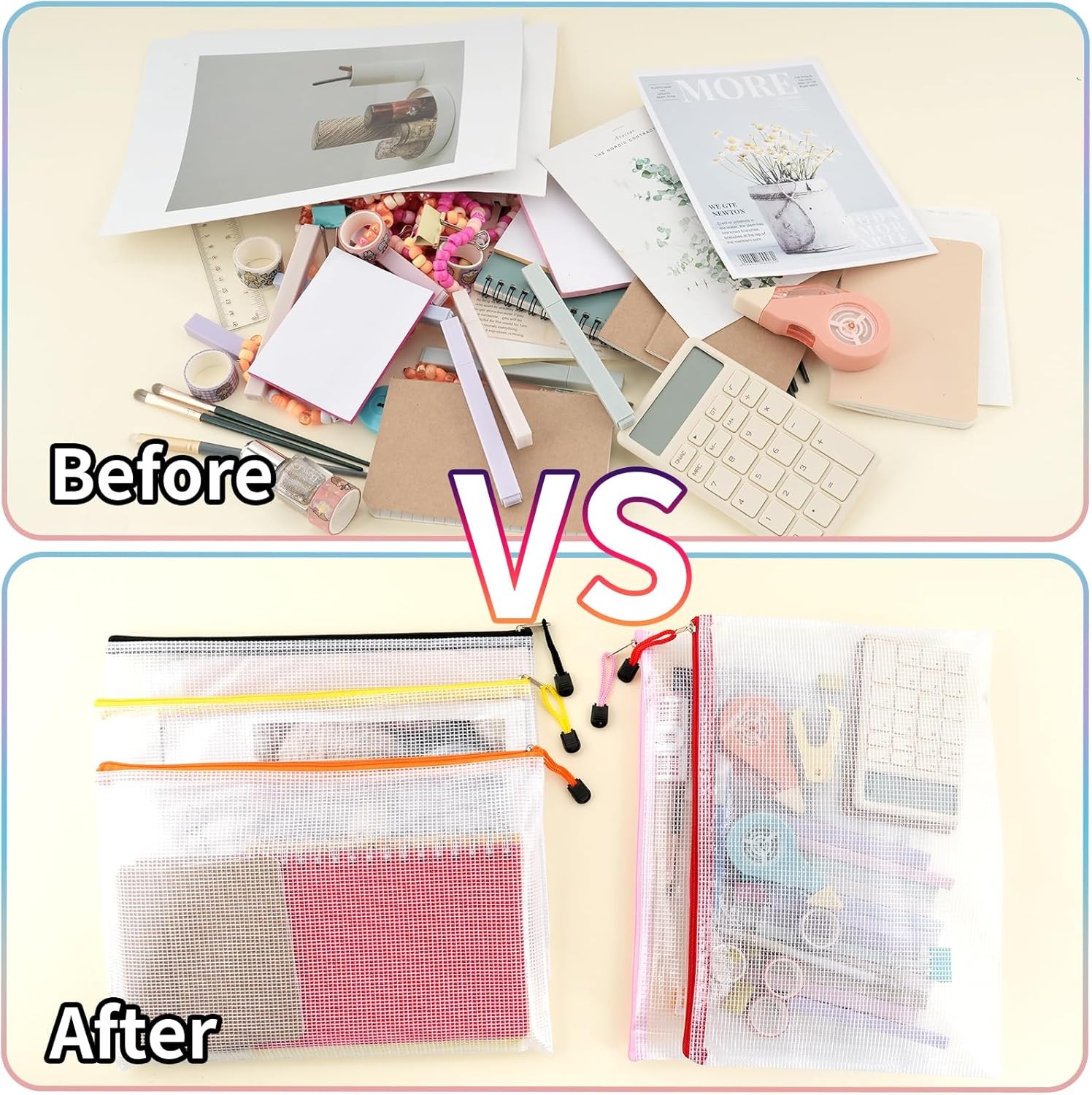 EOOUT 100pcs Mesh Zipper Pouch, A4 Size, 10 Colors Bags for Colorful