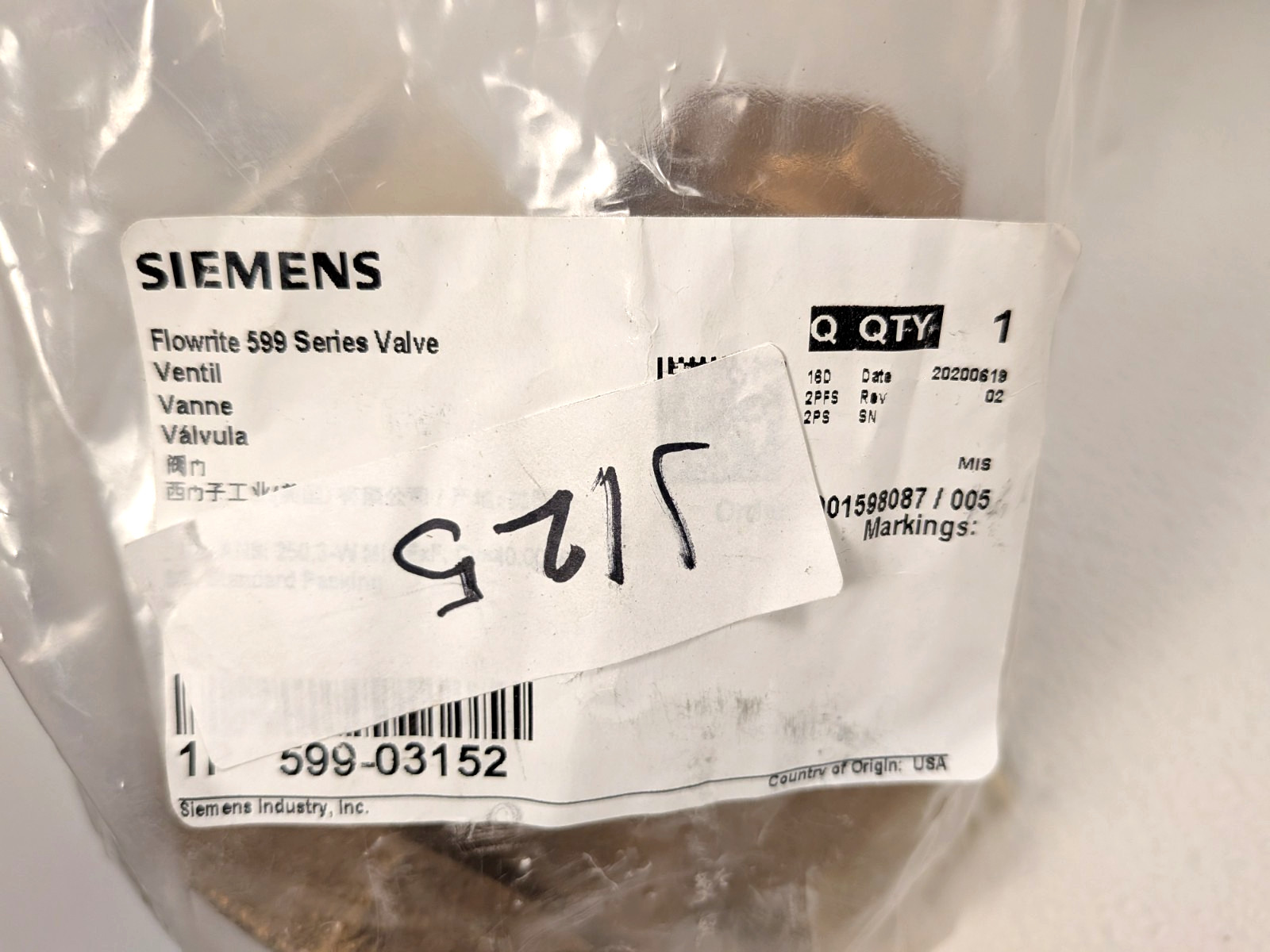 SIEMENS FLOWRITE 599 SERIES VALVE 599-03152 2″ 3-W MIX FxF CV=40 SS