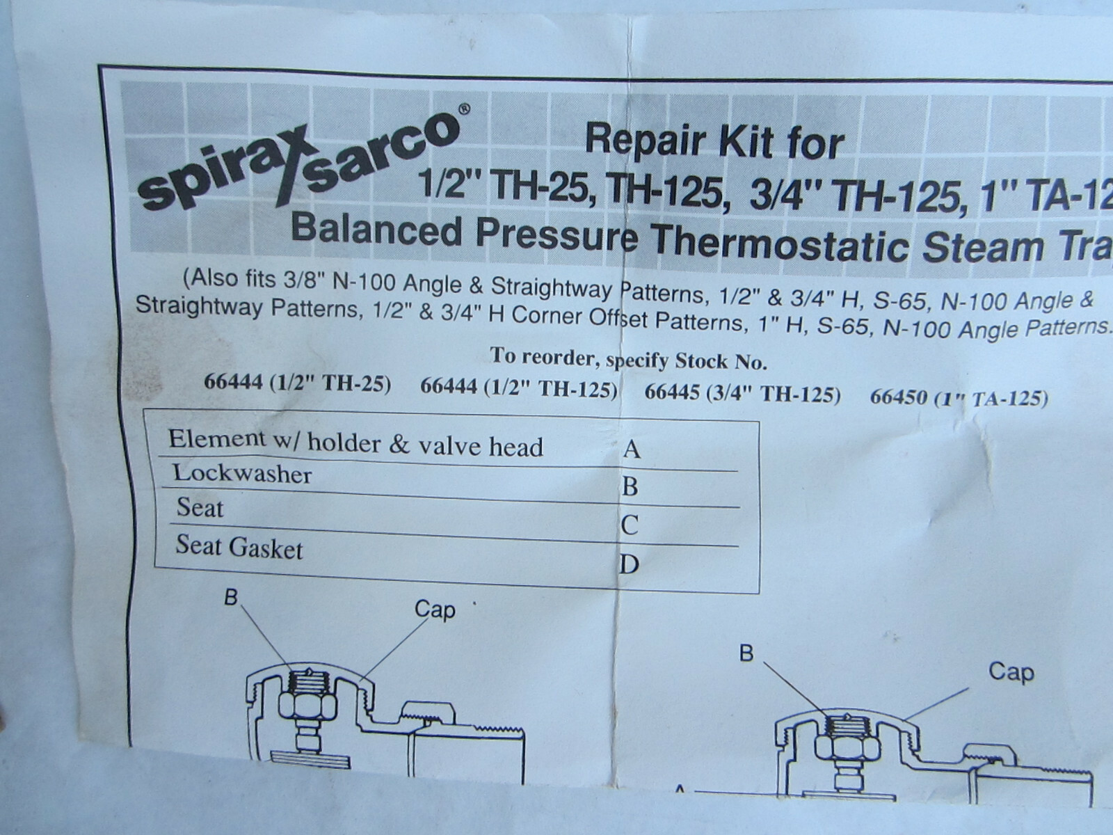 SPIRAX/SARCO 66448 REPAIR KIT FOR STEAM TRAP 1/2′ TV 125 N-100 S 65