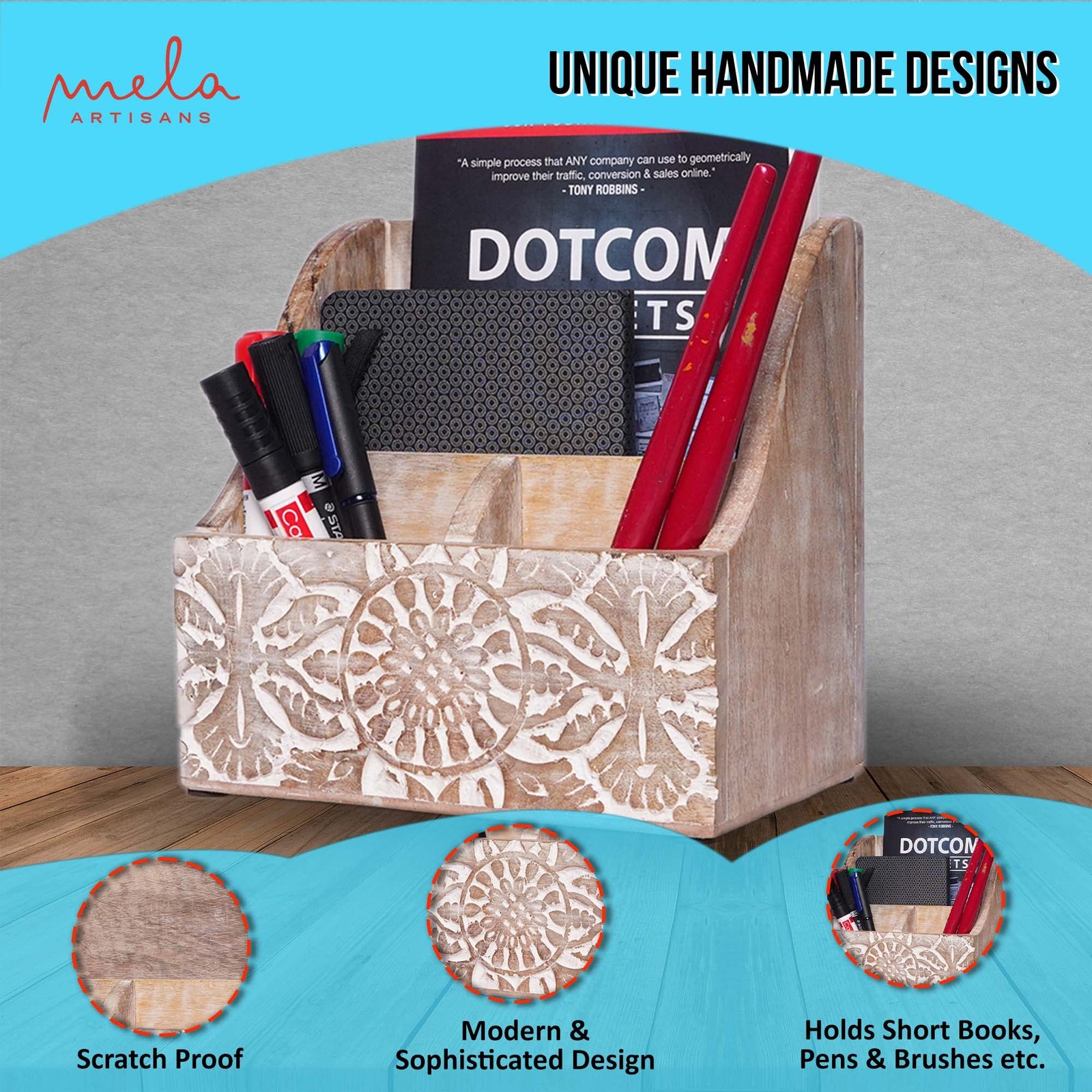 Mela Artisans Natural Wood Letter Holder 3 Compartments, Ajenta Whitewashed