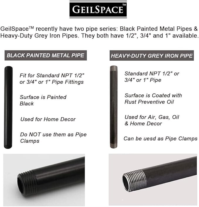 Heavy Duty Pre-cut Grey Metal Pipe 16″ x GeilSpace 6 Pack 1/2″, Industrial Steel