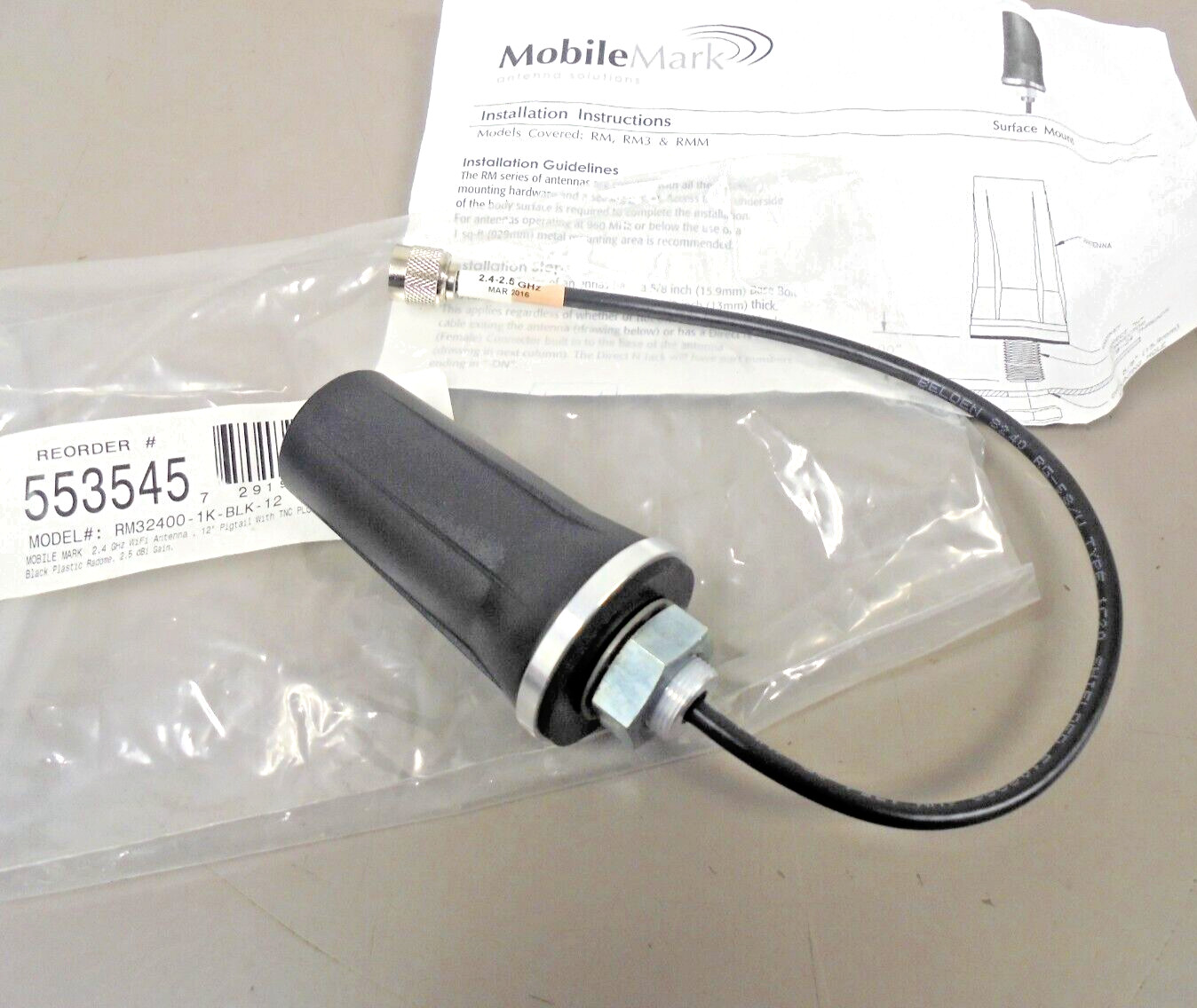 MobileMark RM32400-1K-BLK-12 Surface Mount 2.4GHz Mobile WiFi Antenna w/ Pigtail