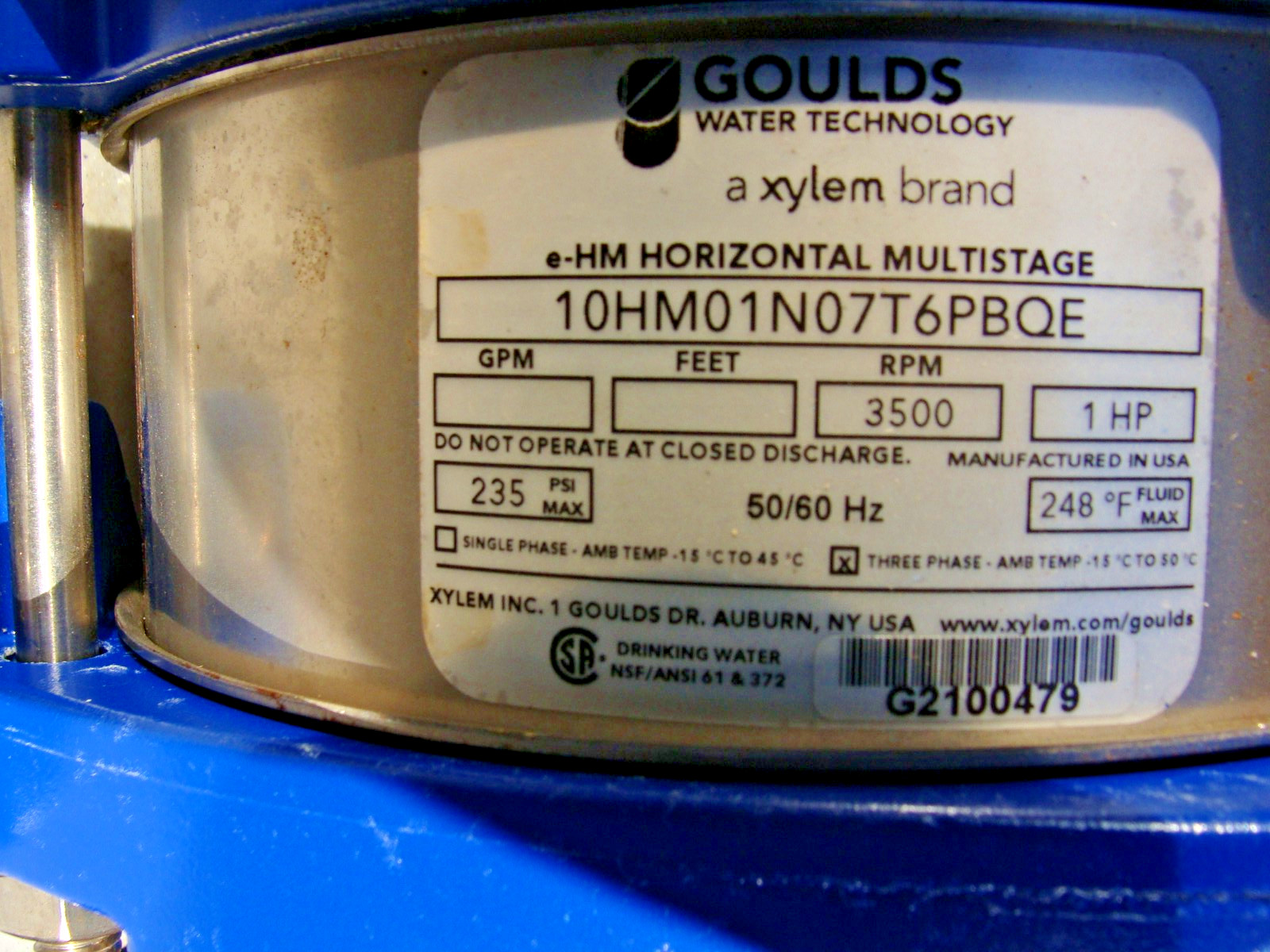 GOULDS PUMP 10HM01N07T6PBQE 1HP 3500RPM W/LOWARA MOTOR SM80HMHCA/UL304 E3 1HP