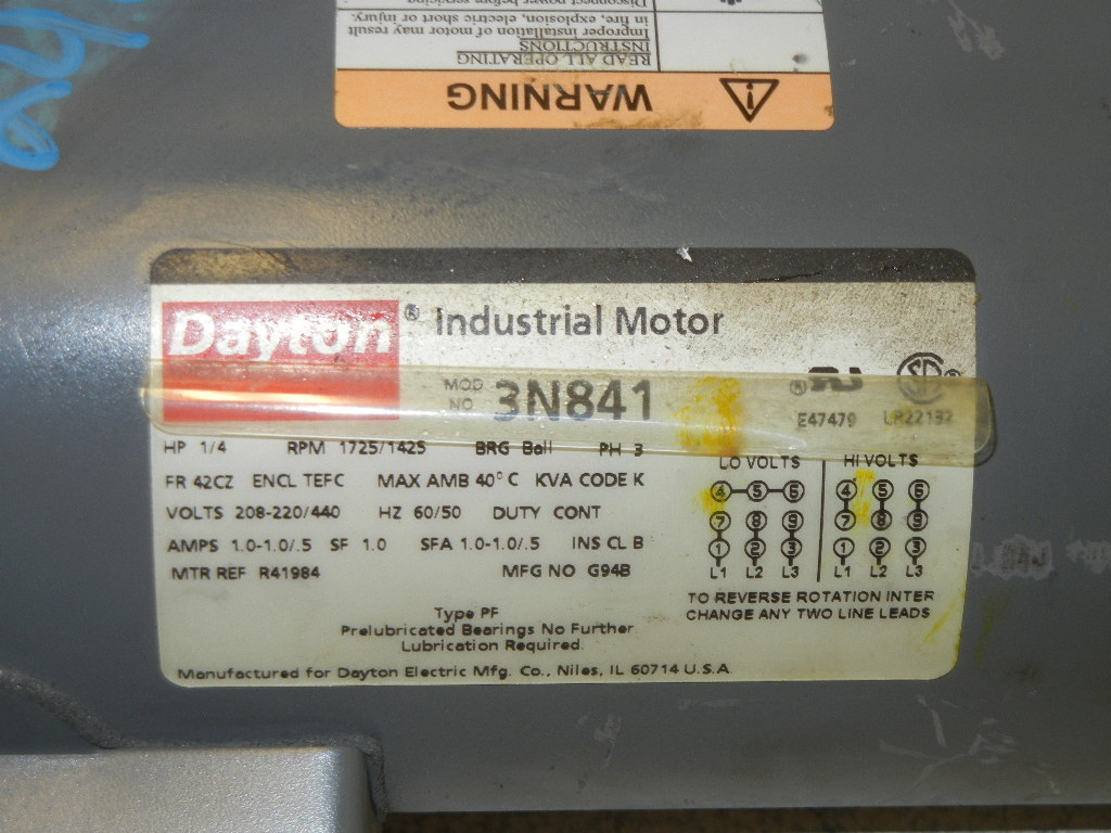 DAYTON 3N841 NEW-NO BOX INDUSTRIAL MOTOR 1/4 HP 1725 RPM 3 PH 3N841