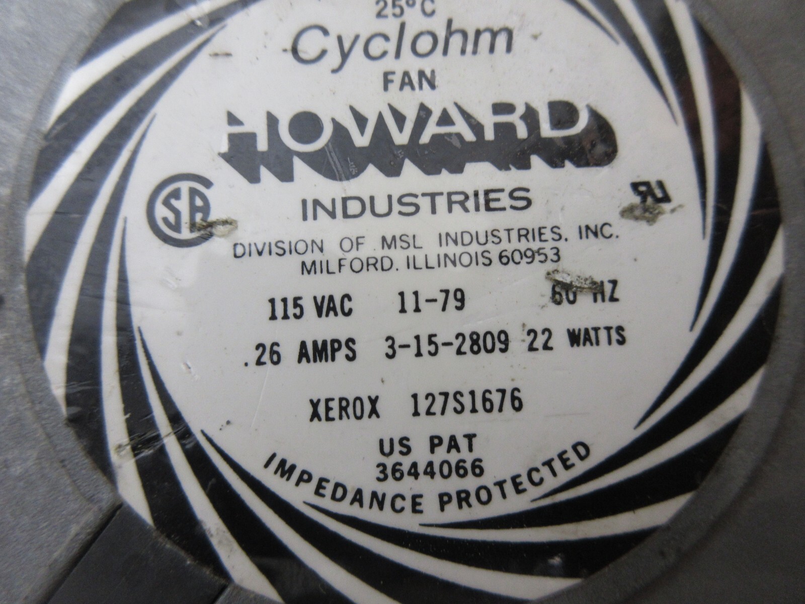 HOWARD INDUSTRIES CYCLOHM FAN XEROX 127S1676 3644066 115 VAC 60HZ 26 3-15-2809