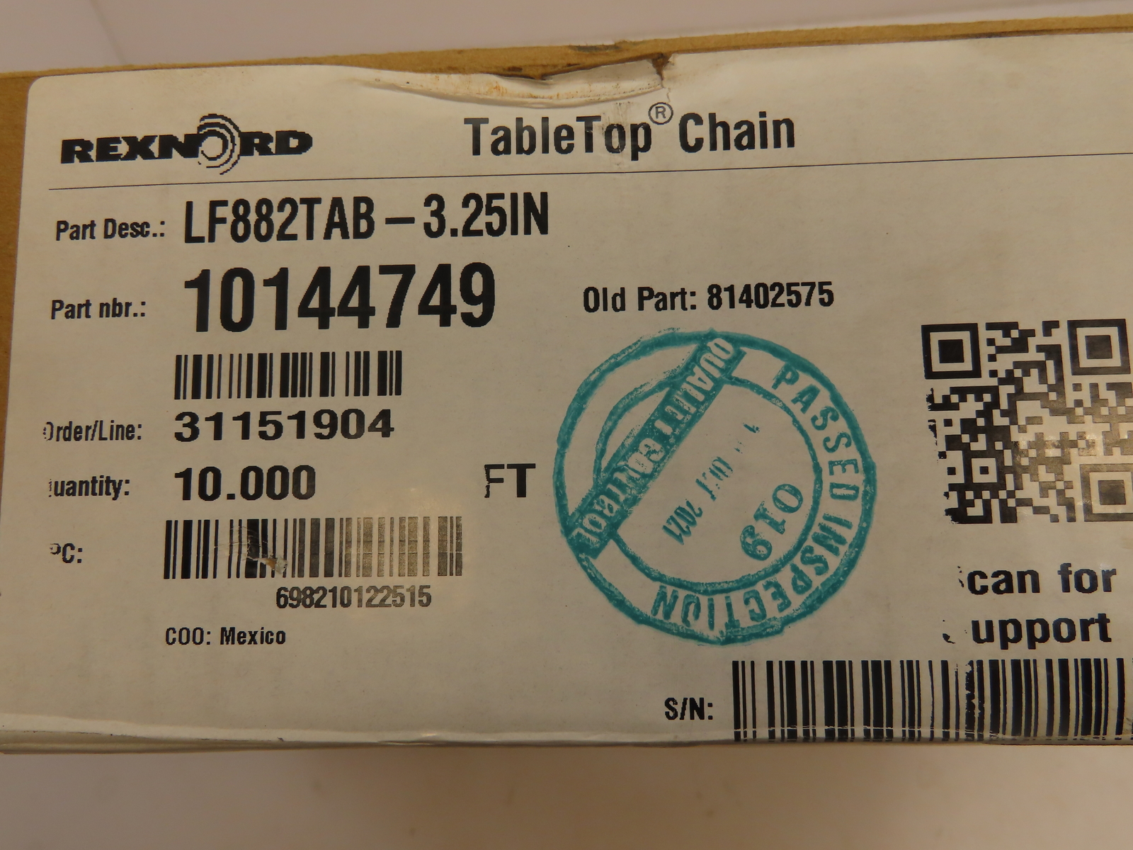 Rexnord LF882TAB-3.25IN 10144749 TableTop Chain 10 FT 3-1/4″ Wide