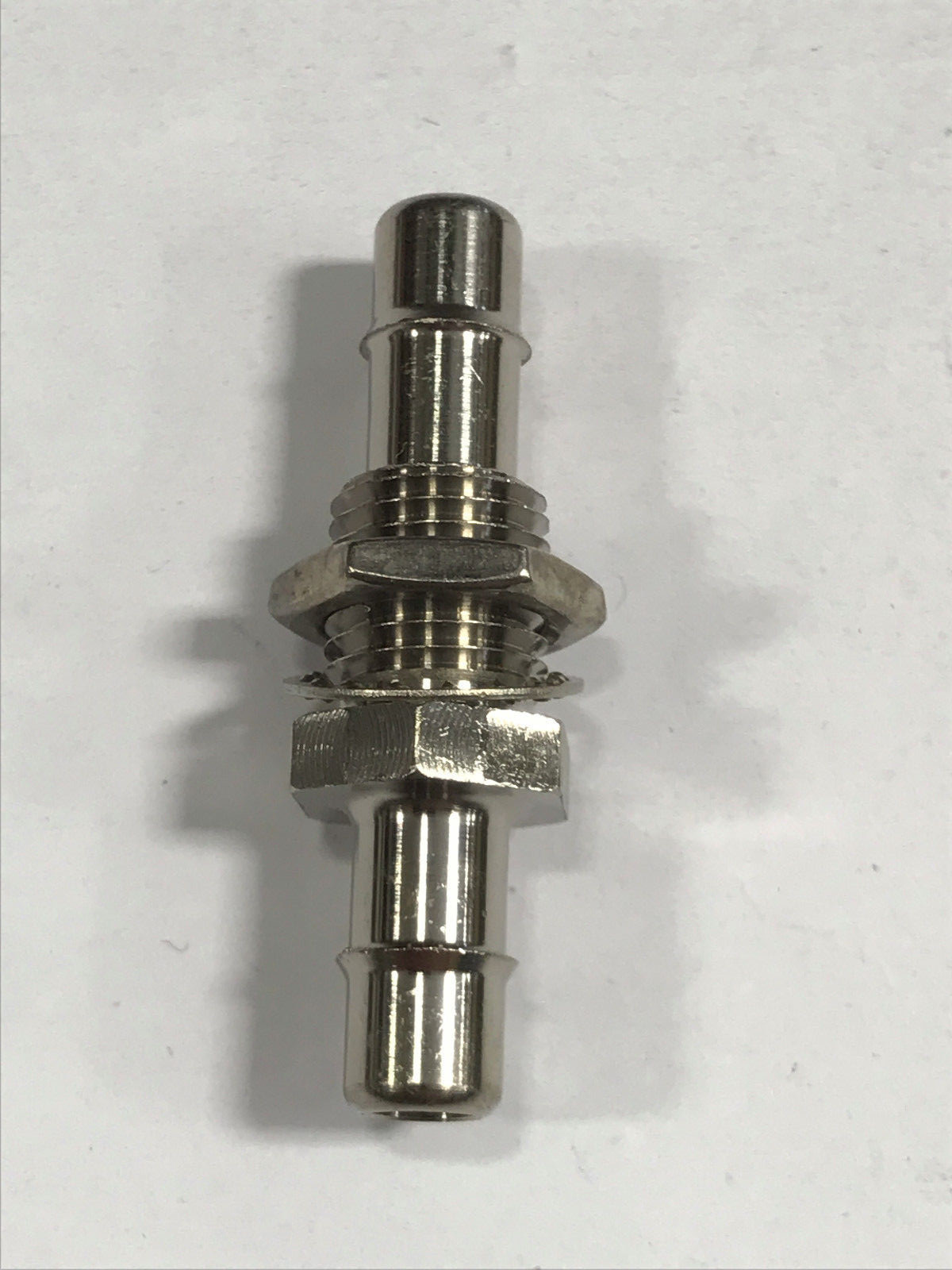 Nickel plated brass bulkhead fitting 3/8-24 UNF thread to 1/4 ID tubing barb