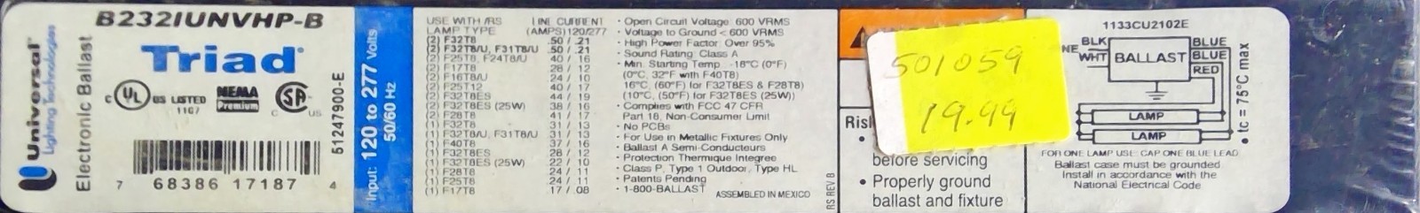 NEW TRIAD B232IUNVHP-B ELECTRONIC BALLAST 120-277V 50/60HZ