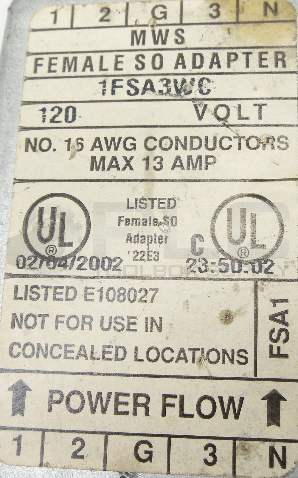 MWS 1FSA3WC FEMALE SO ADAPER 120V NO.16 AWG CONDUCTORS MAX 13 AMPS