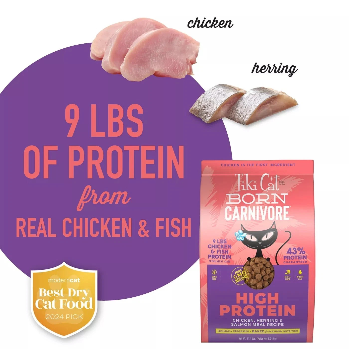 Tiki Born Carnivore High Protein Dry Cat Food, Chicken, Herring & Salmon 11.1 Lb