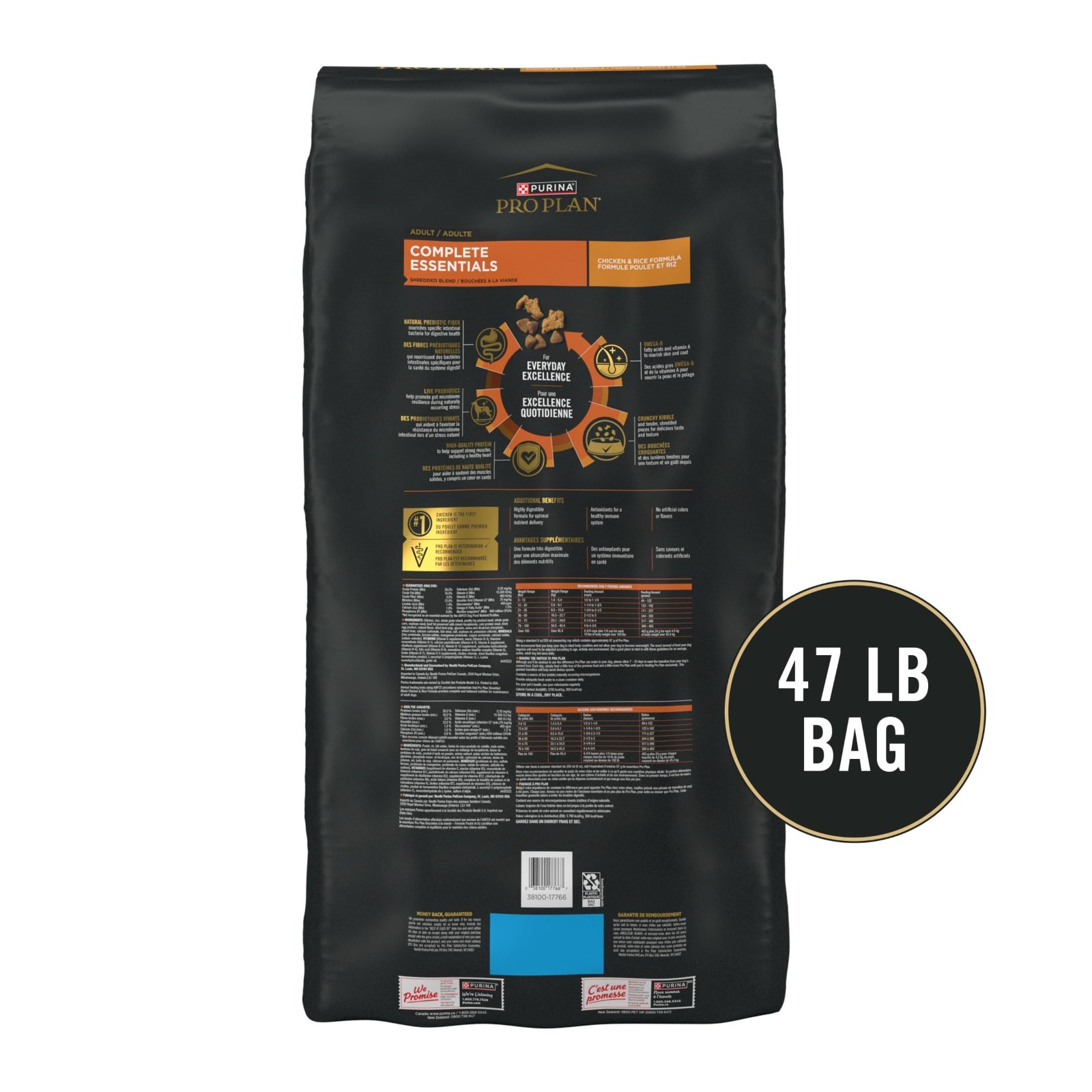 Purina Pro Plan Complete Essentials Shredded Blend Chicken and Rice Dog, 47 lb