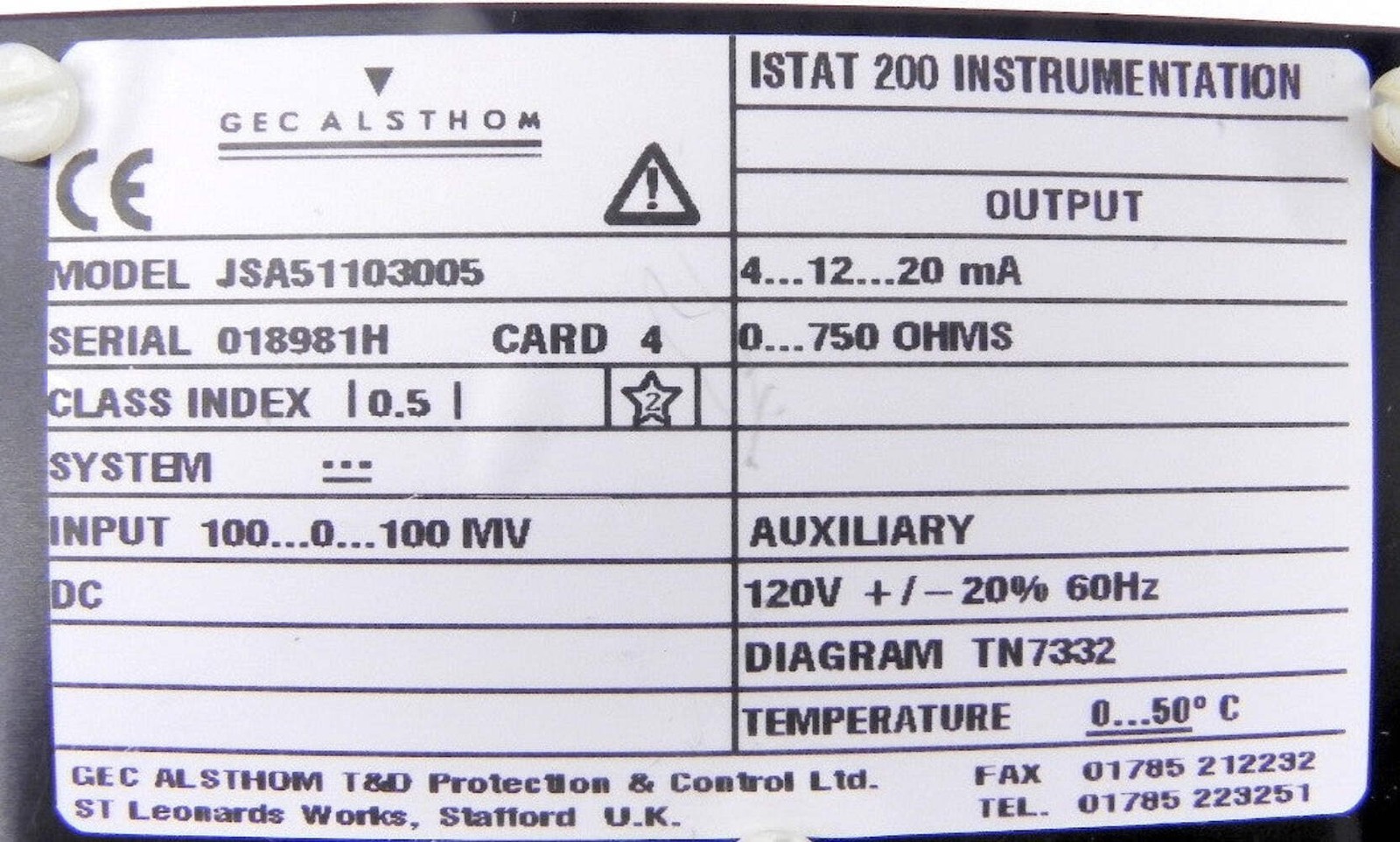 Gec Alsthom Istat 200 DC Voltage Module JSA51103005